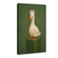 white goose wearing a toilet paper roll like a hat in olive green, white, orange tones — Wrapped Canvas HERO