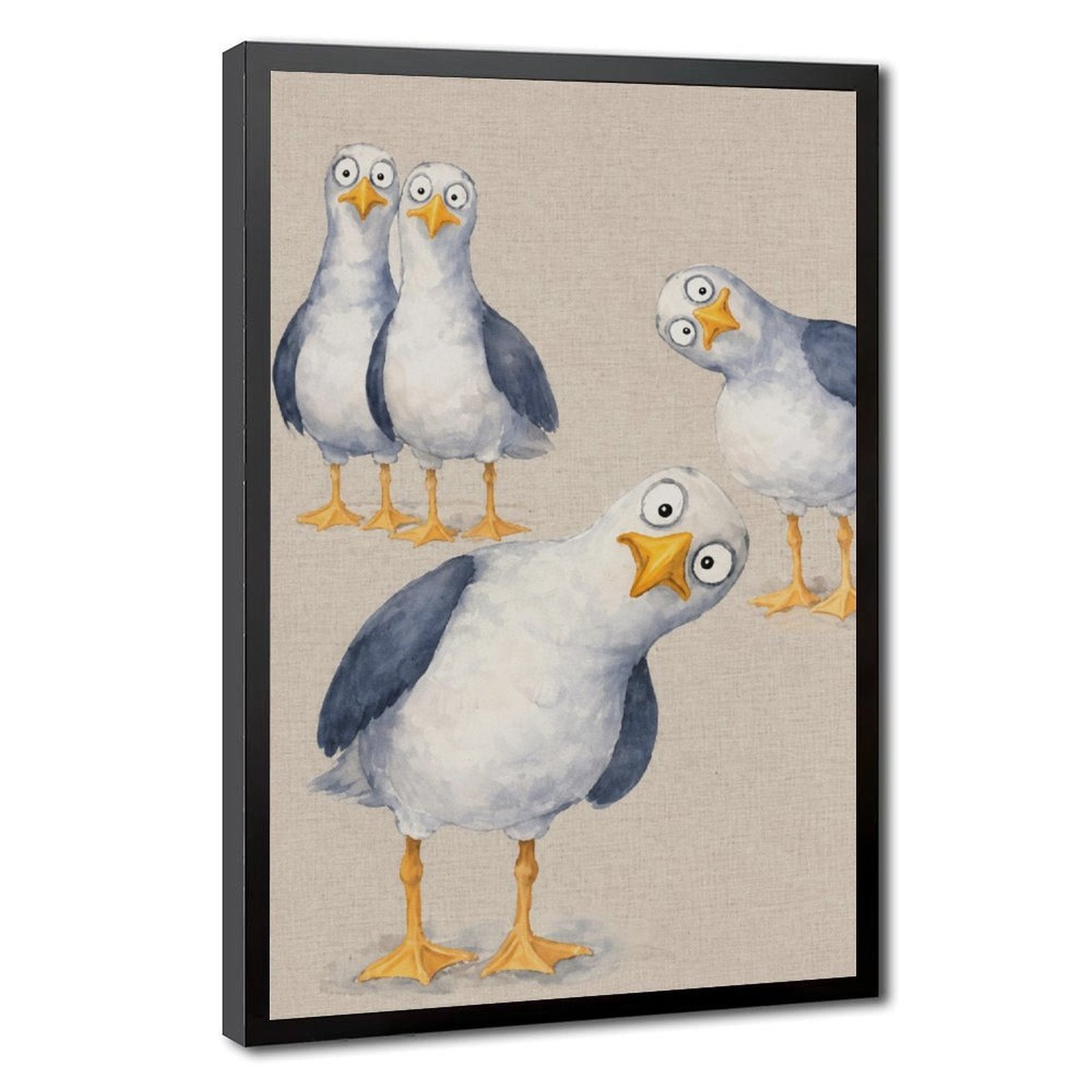 group of quirky seagulls with expressive poses in white, slate blue, yellow tones — Black Frame HERO