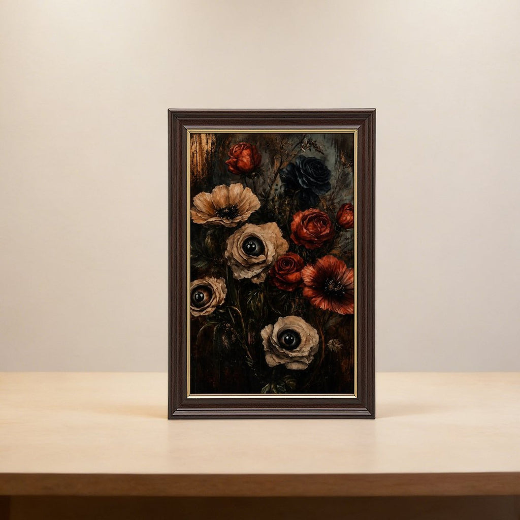 dark floral bouquet with realistic eyes in flower centers in black, deep red, taupe tones — Wood Grain Gold Frame SCENE_06