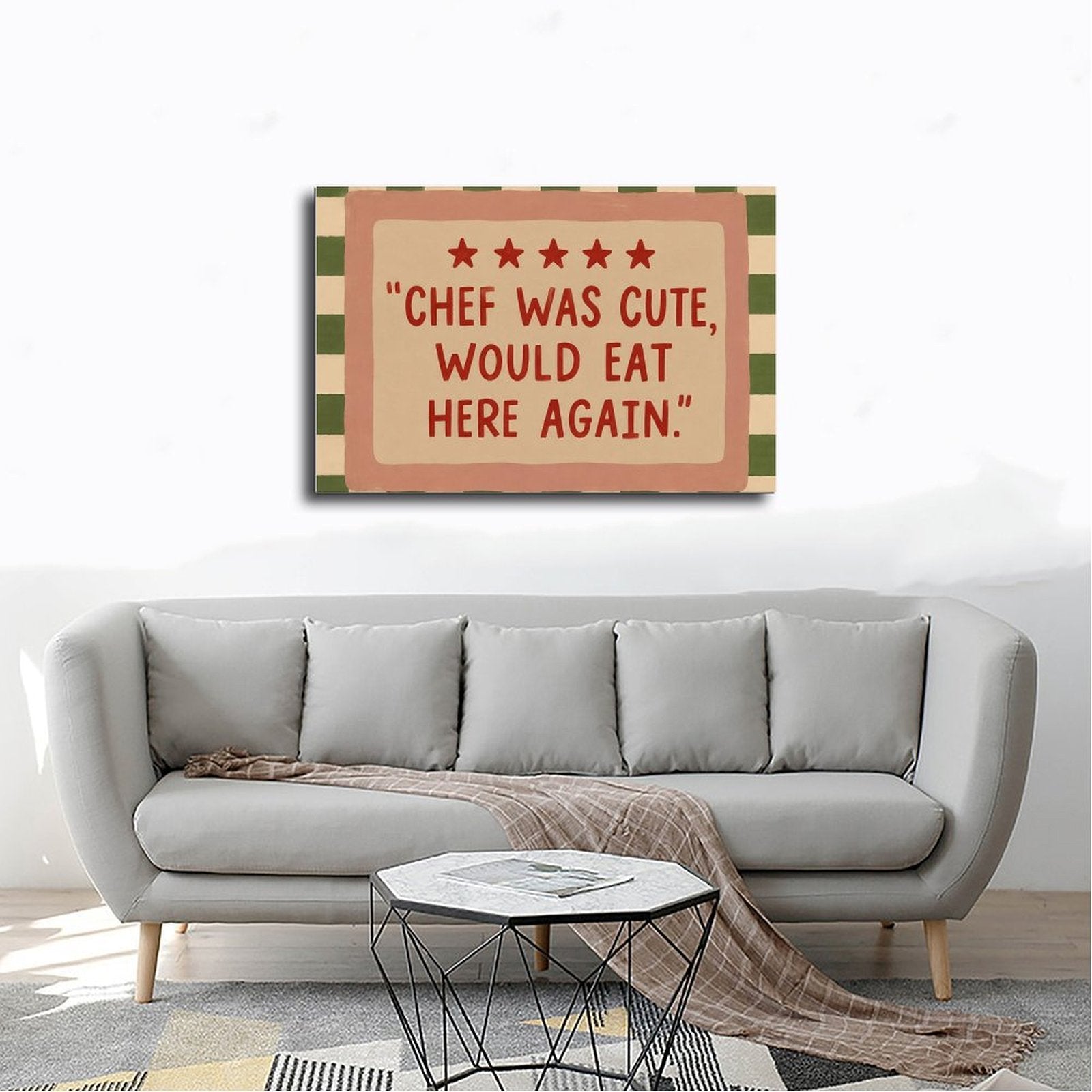 five-star restaurant-style humorous quote in pink, red, green tones — Wrapped Canvas SCENE_02