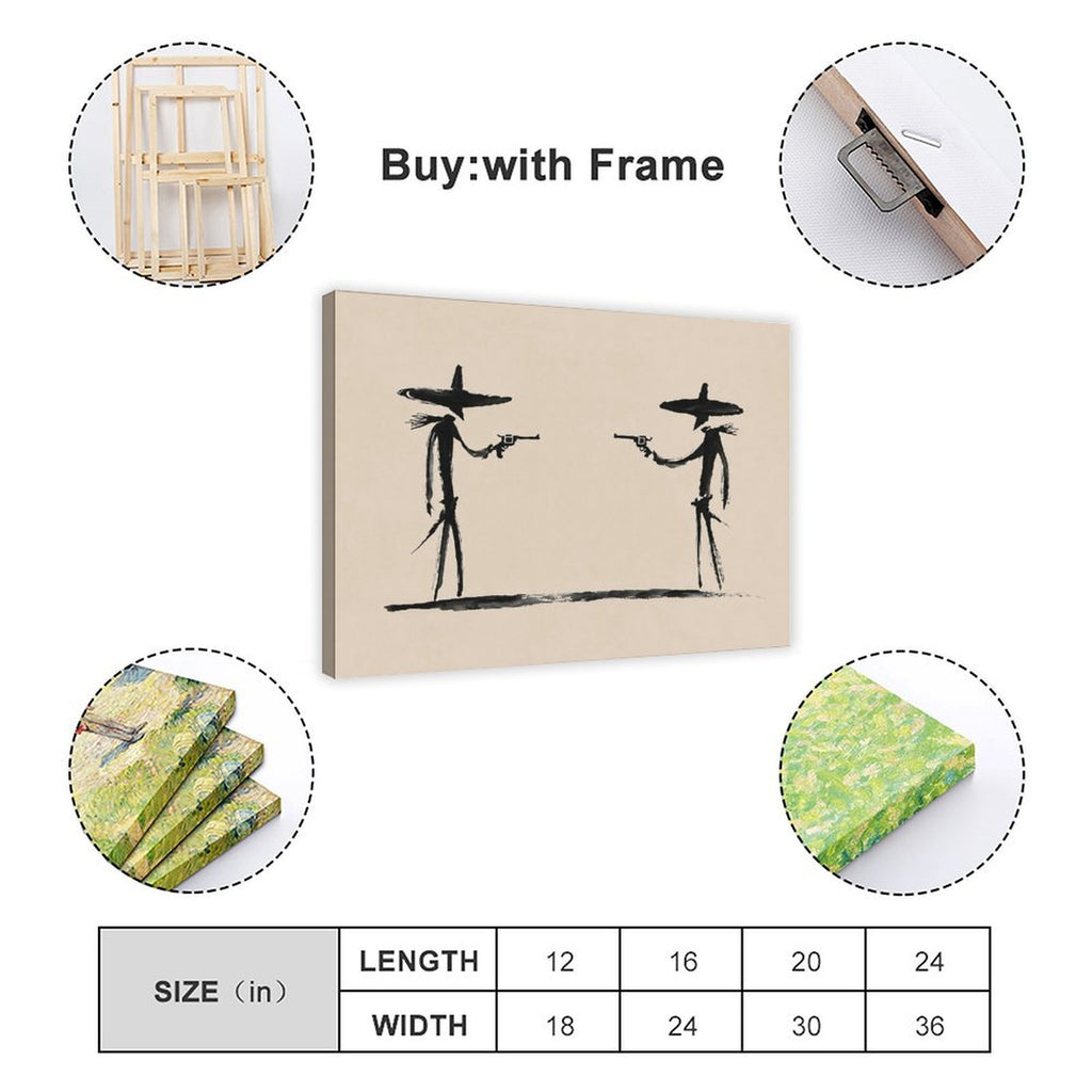 two stylized cowboys facing each other with revolvers in black, warm cream tones — Wrapped Canvas SIZE_GUIDE