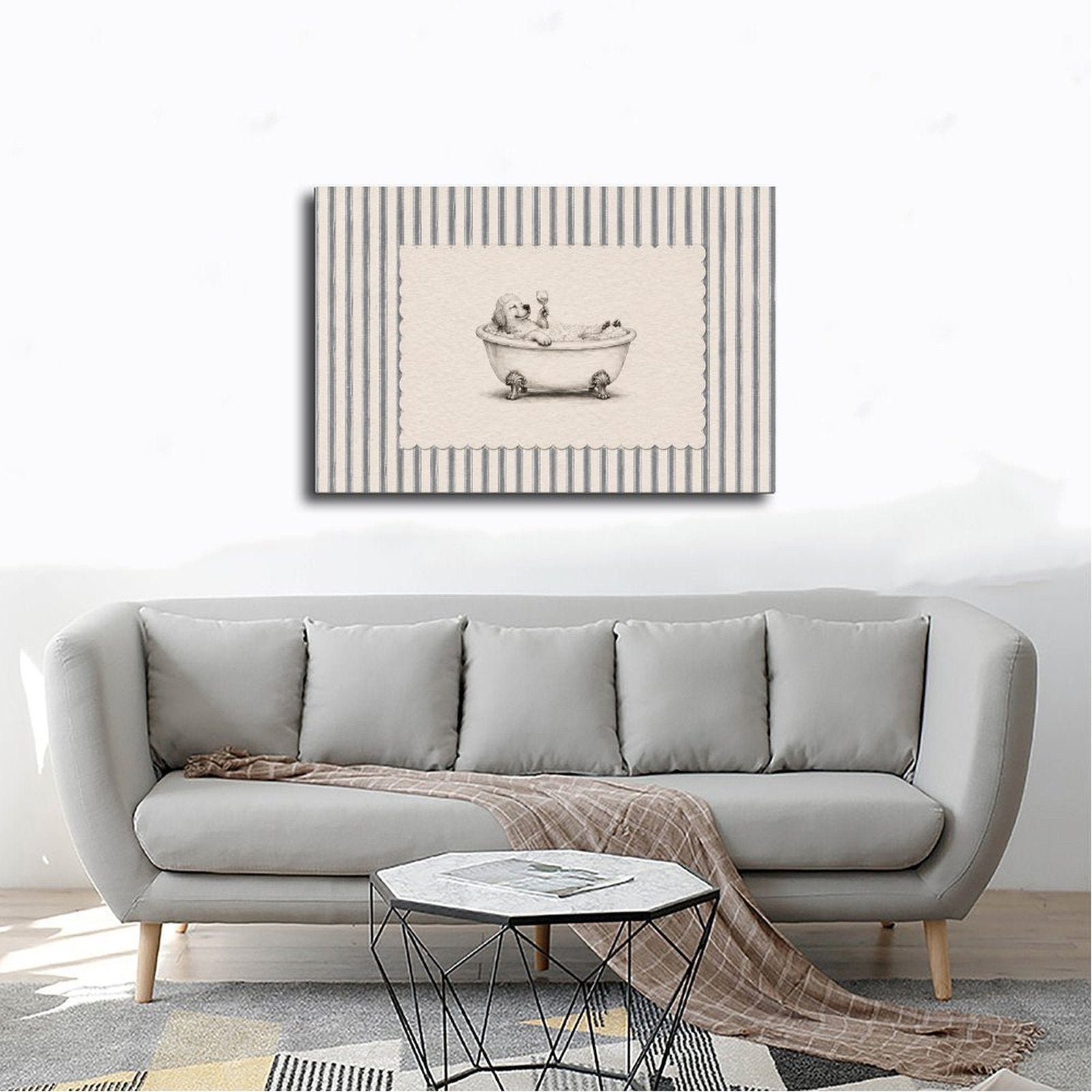 small dog sitting in a clawfoot bathtub in brown, cream, gray tones — Wrapped Canvas SCENE_02