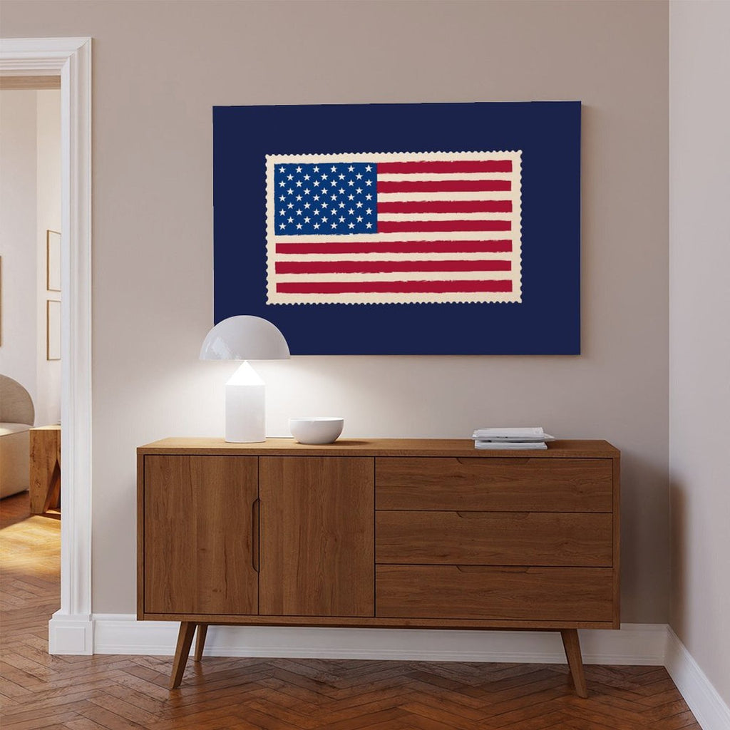American flag motif on a navy blue field in graphic poster art style — Wrapped Canvas SCENE_04