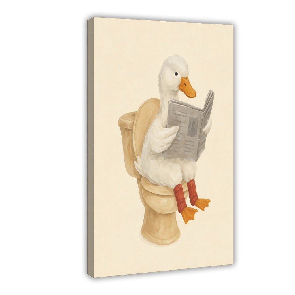 white duck sitting on a toilet reading a newspaper in cream, white, tan tones — Wrapped Canvas HERO