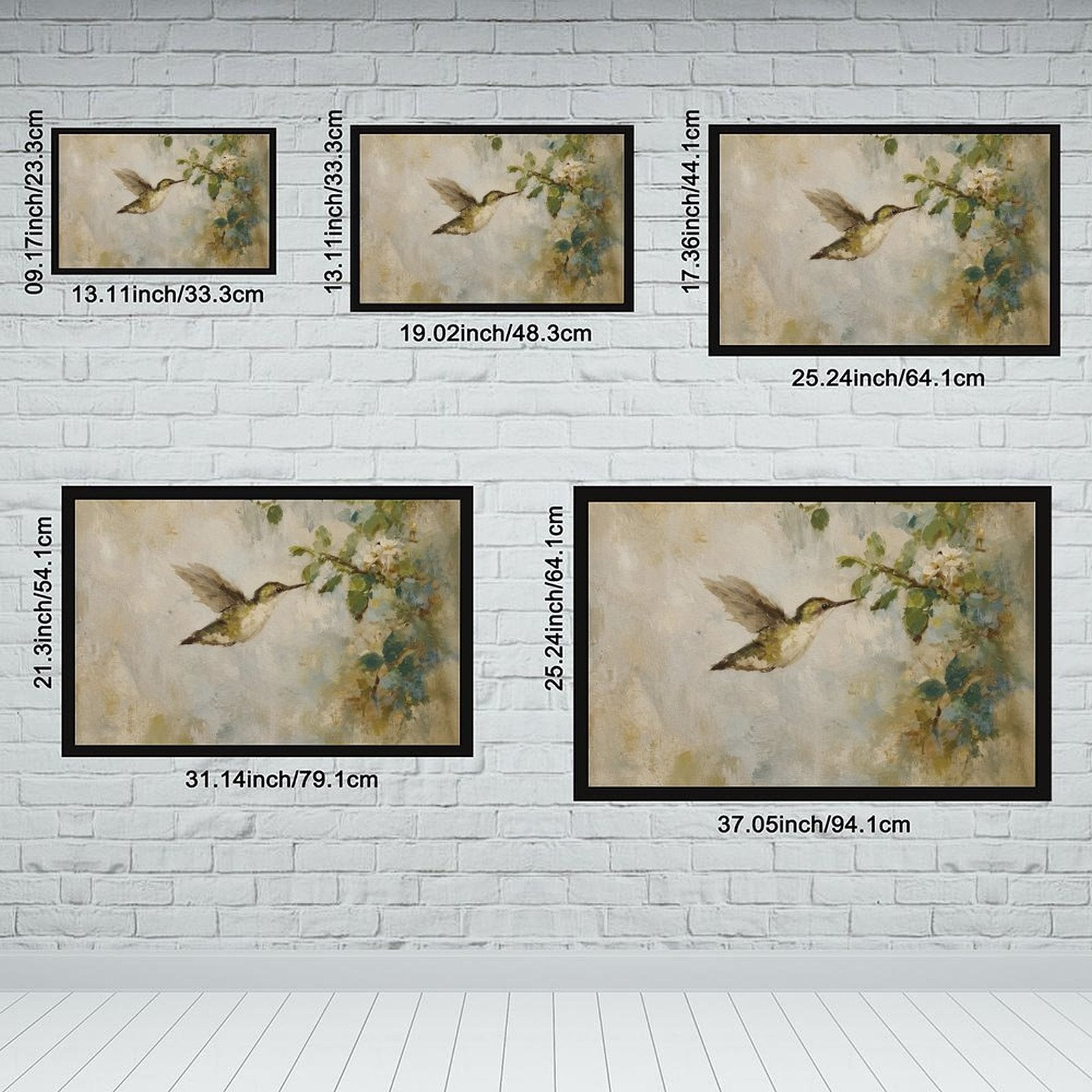 hummingbird hovering beside pale blossoms in cream, sage green, soft blue tones — Black Frame SIZE_GUIDE