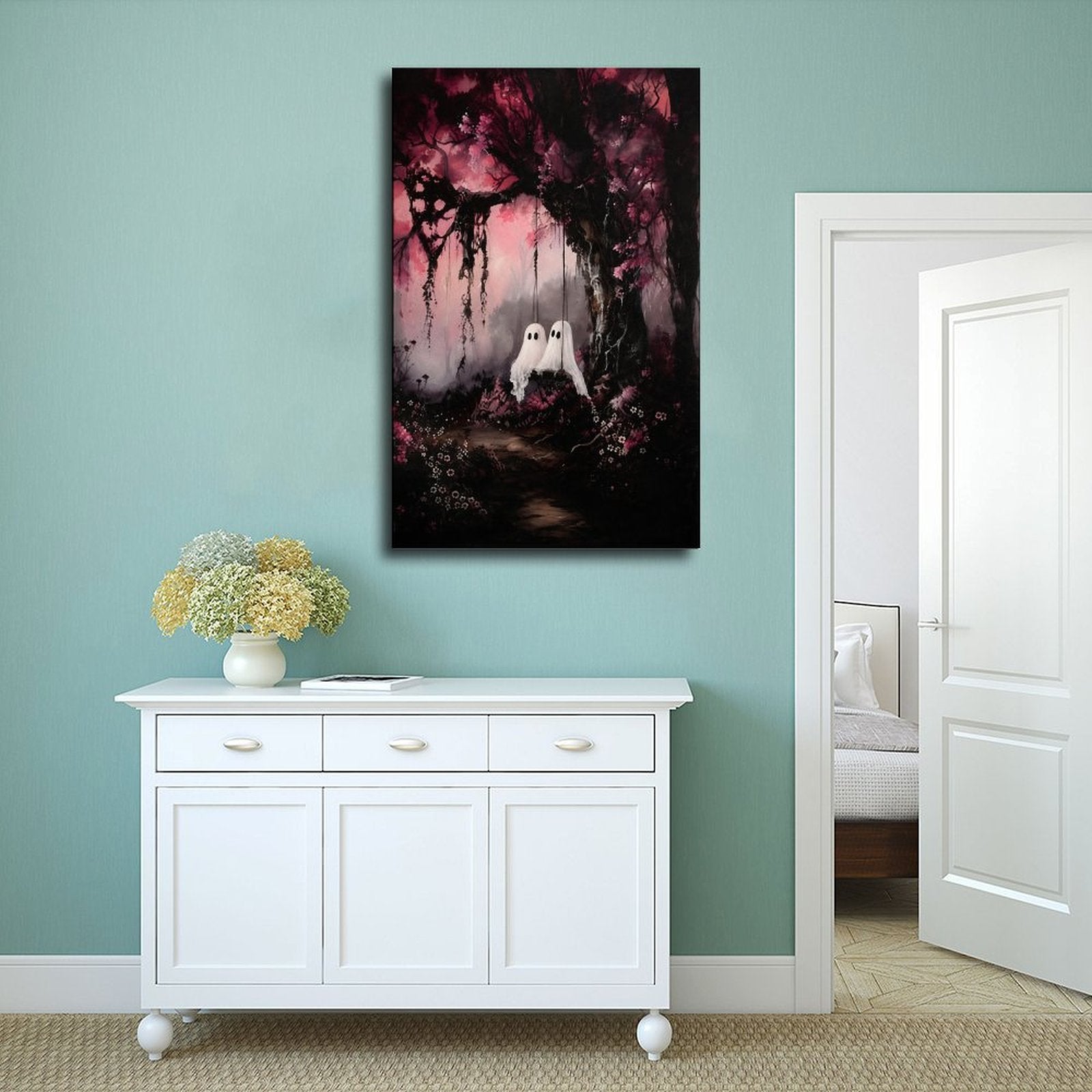 two small sheet ghosts in an enchanted pink forest in magenta, black, soft pink tones — Wrapped Canvas SCENE_02