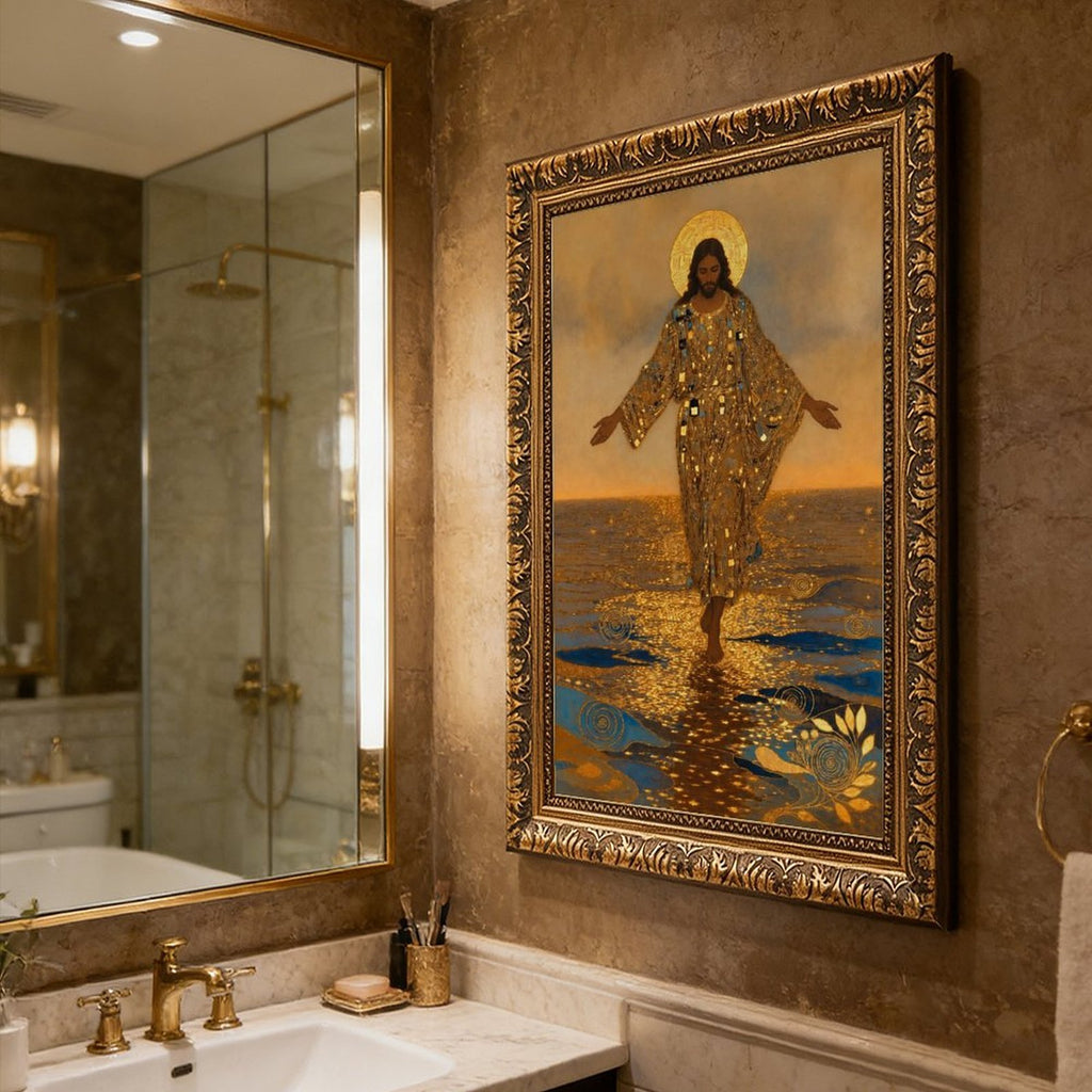 haloed sacred figure walking across reflective water in gold, deep blue, warm brown tones — Vintage Gold Frame SCENE_06