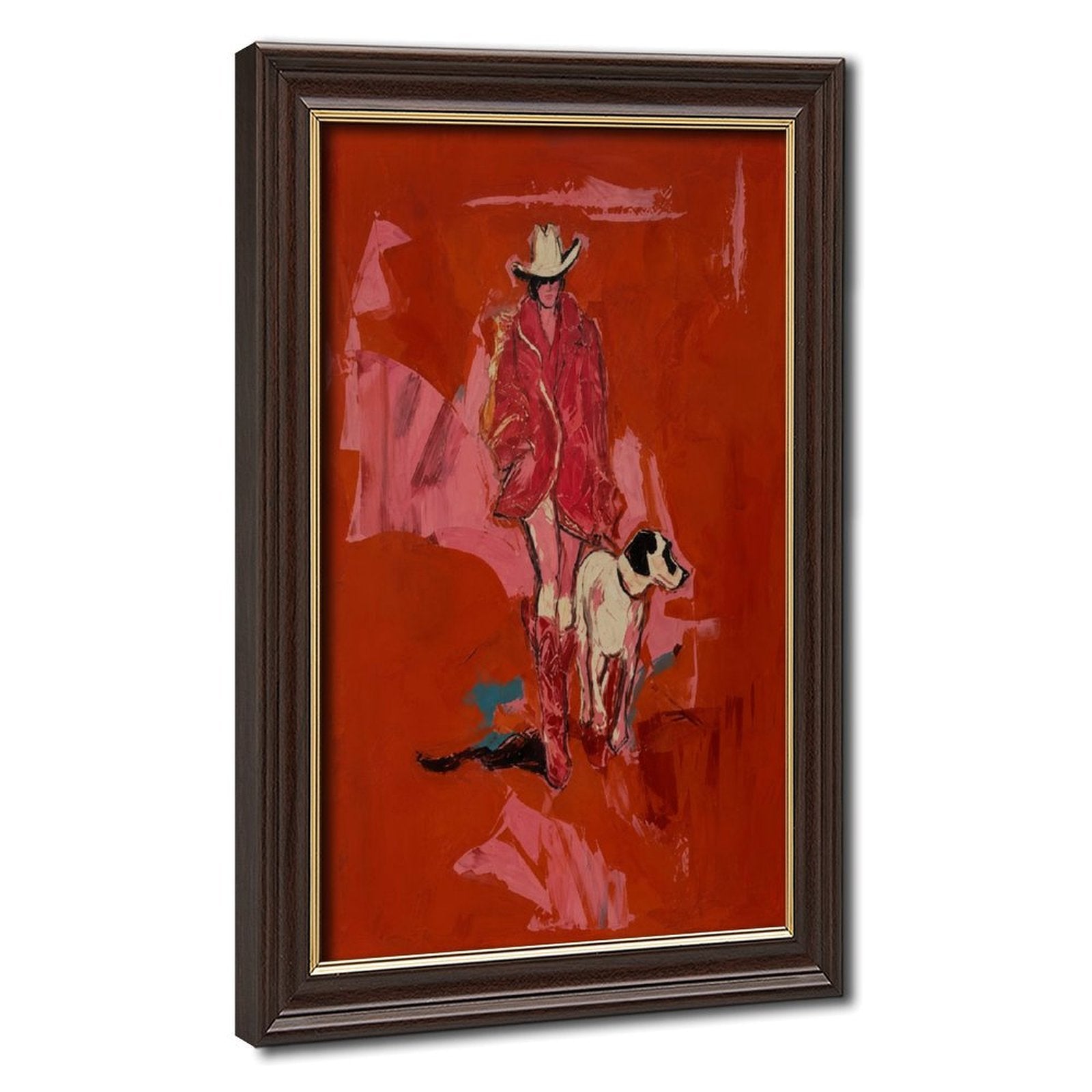 Expressive red cowboy walking beside a black-and-white hound on a painterly red background — Wood Grain Gold Frame HERO