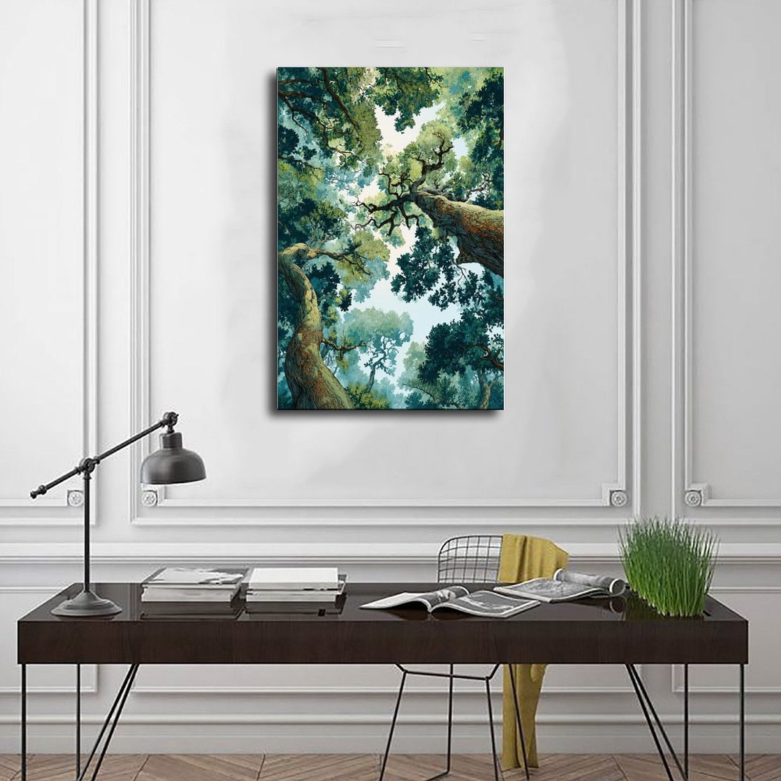 towering forest canopy viewed upward between large trees in deep green, teal, cream tones — Wrapped Canvas SCENE_01