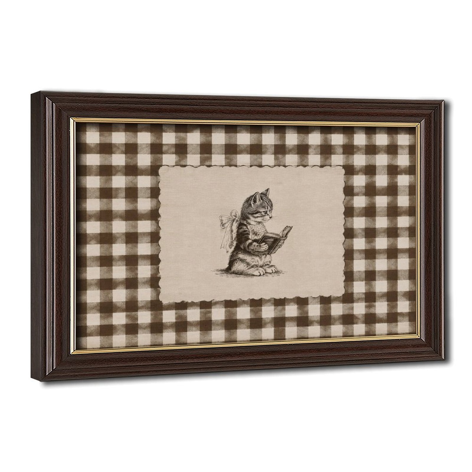 small rabbit reading a book in brown, cream, black tones — Wood Grain Gold Frame HERO