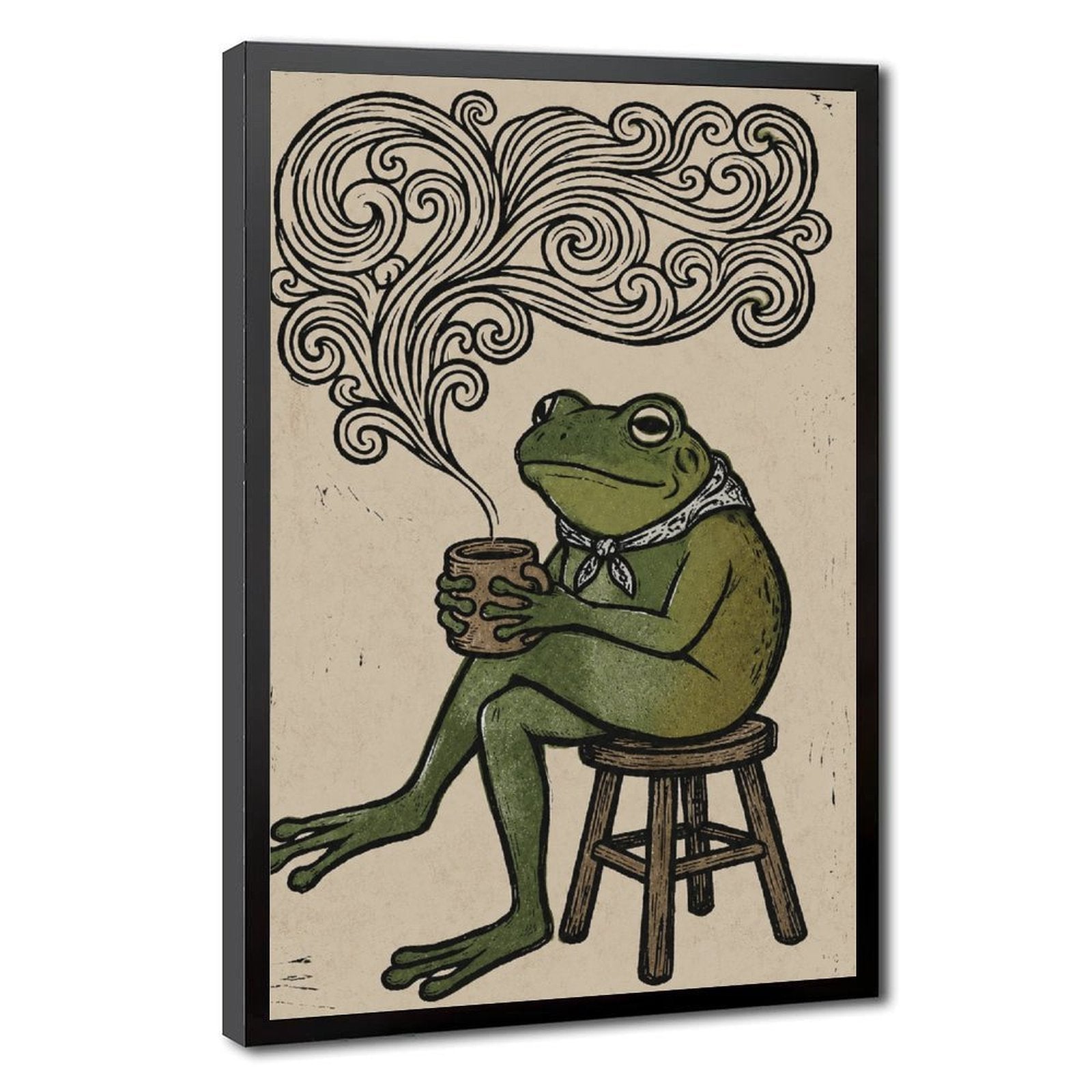 frog seated on a stool holding a steaming cup in forest green, black, cream tones — Black Frame HERO