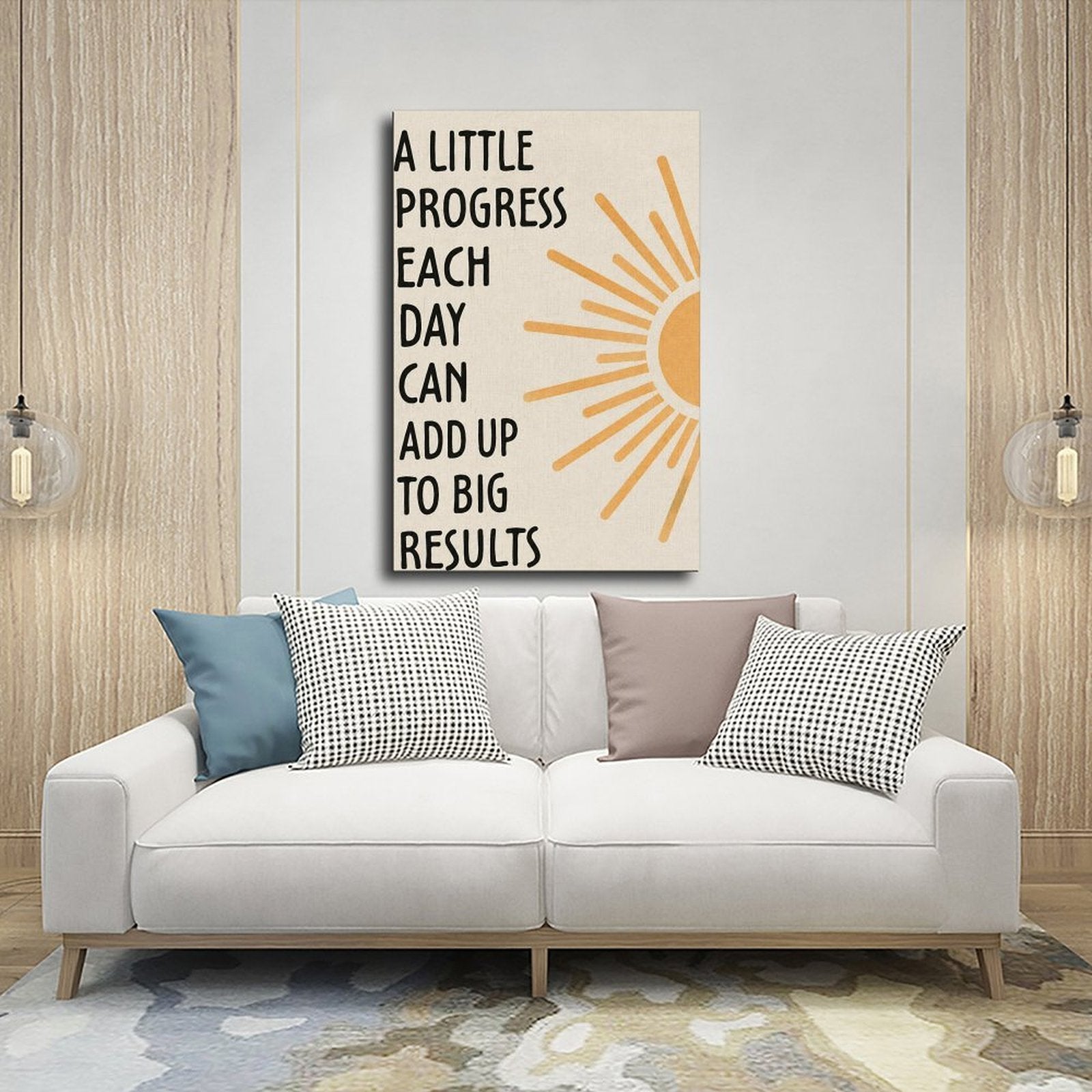 motivational typography with a sunburst motif in black, mustard yellow, cream tones — Wrapped Canvas SCENE_03