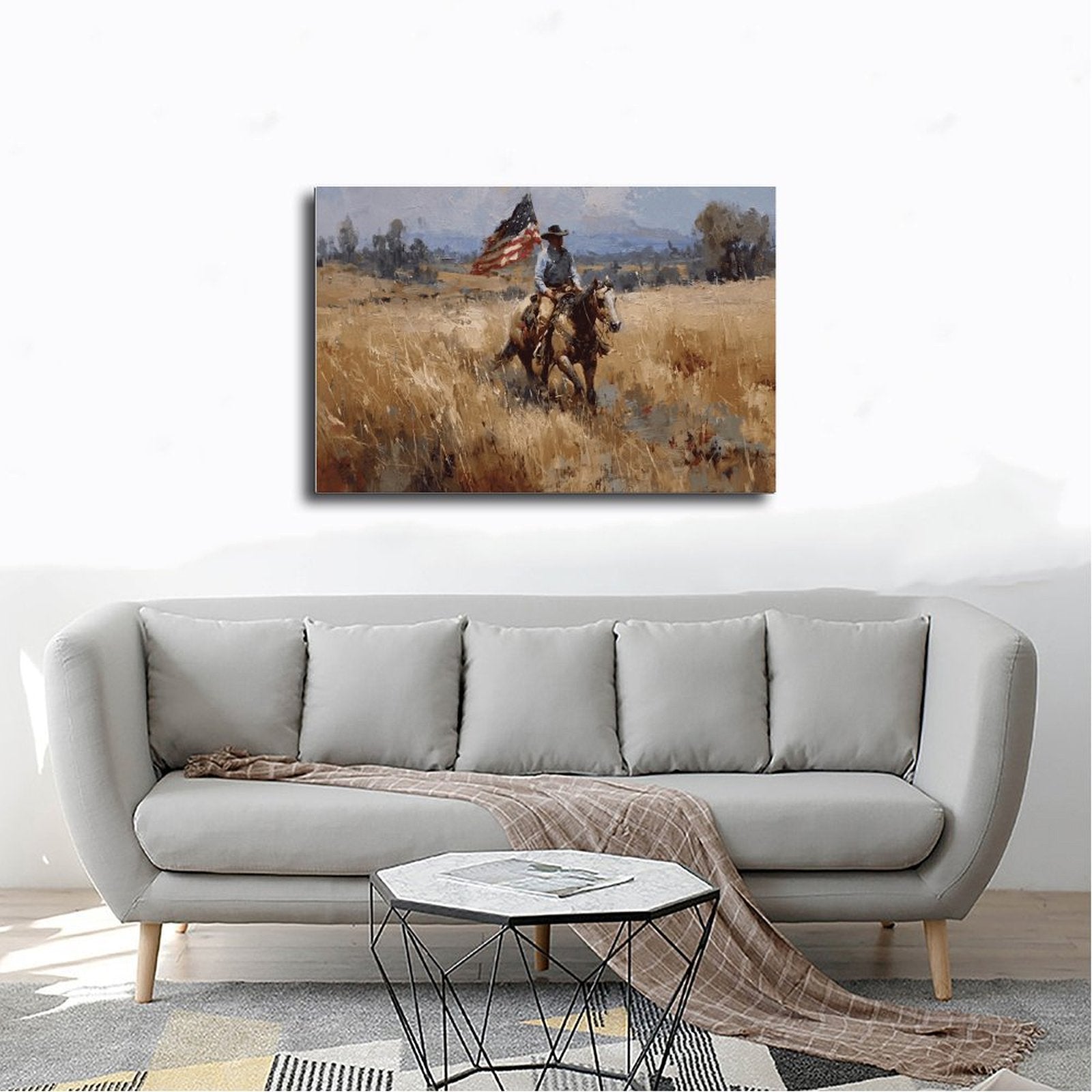 cowboy rider on horseback carrying an American flag in western landscape art style — Wrapped Canvas SCENE_02