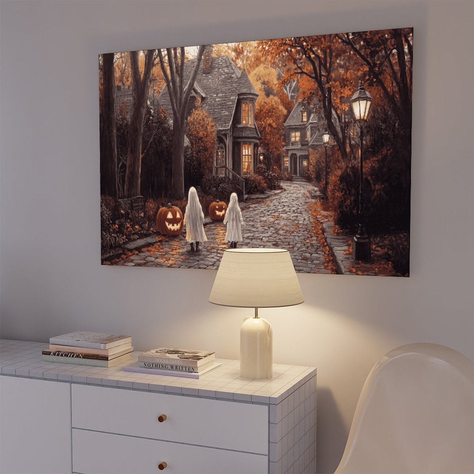 two sheet ghosts in an autumn village in whimsical halloween illustration style — Wrapped Canvas SCENE_05