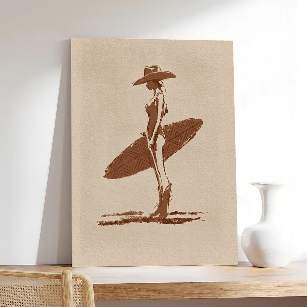 stylized seated woman with oversized botanical leaves in minimalist figurative art style — Wrapped Canvas SCENE_05