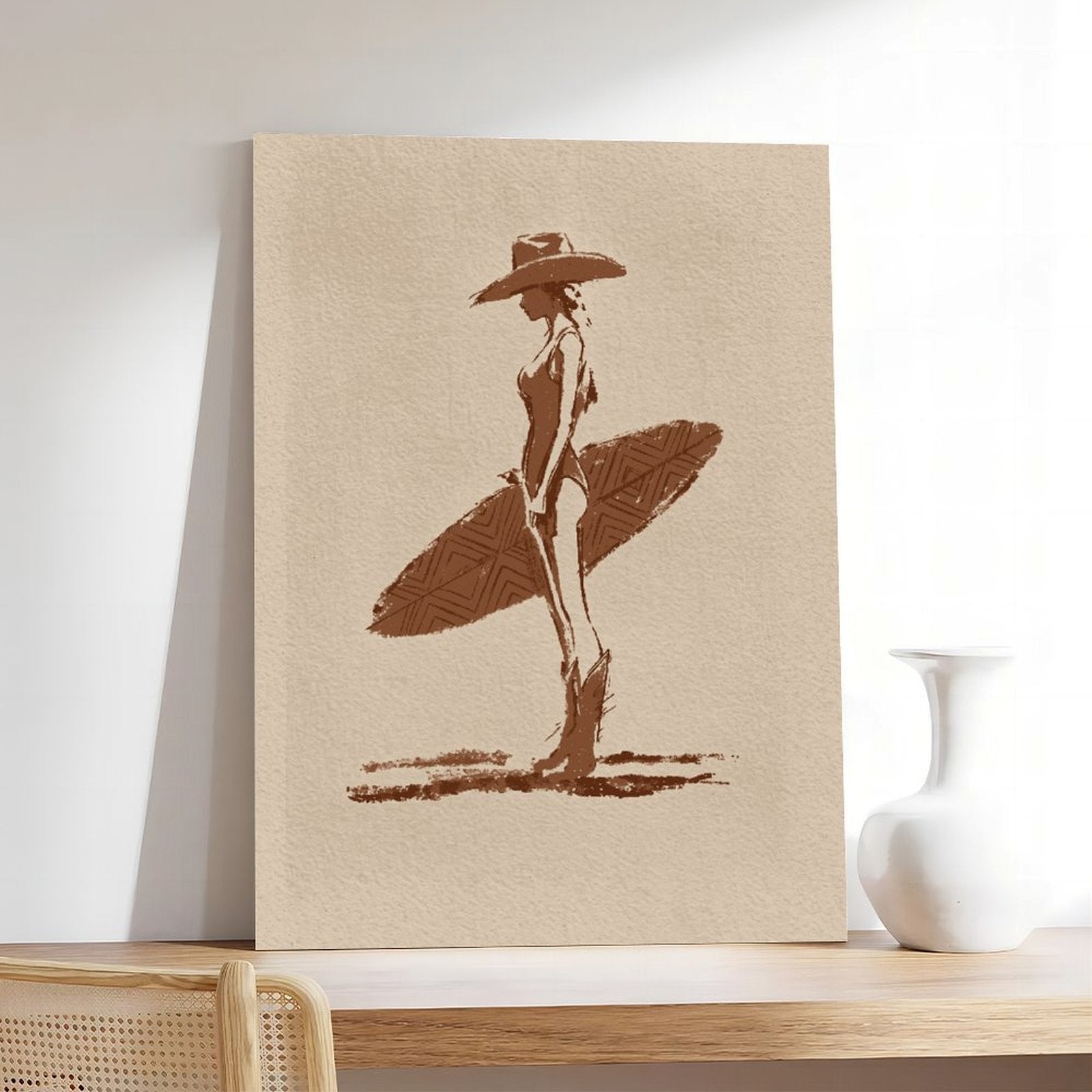 stylized seated woman with oversized botanical leaves in minimalist figurative art style — Wrapped Canvas SCENE_05