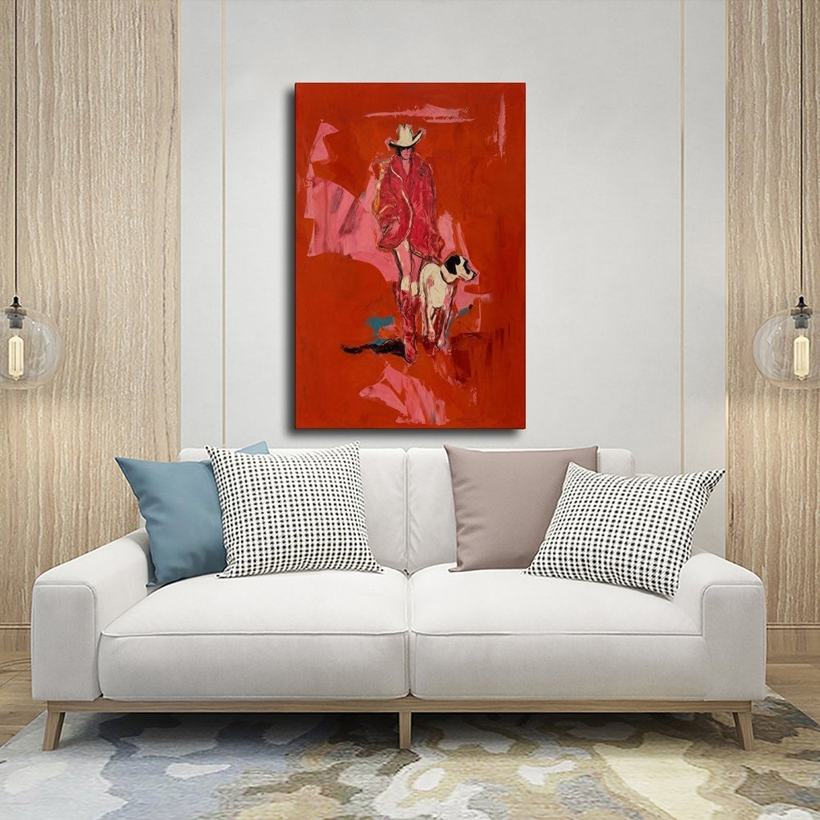Expressive red cowboy walking beside a black-and-white hound on a painterly red background — Wrapped Canvas SCENE_03