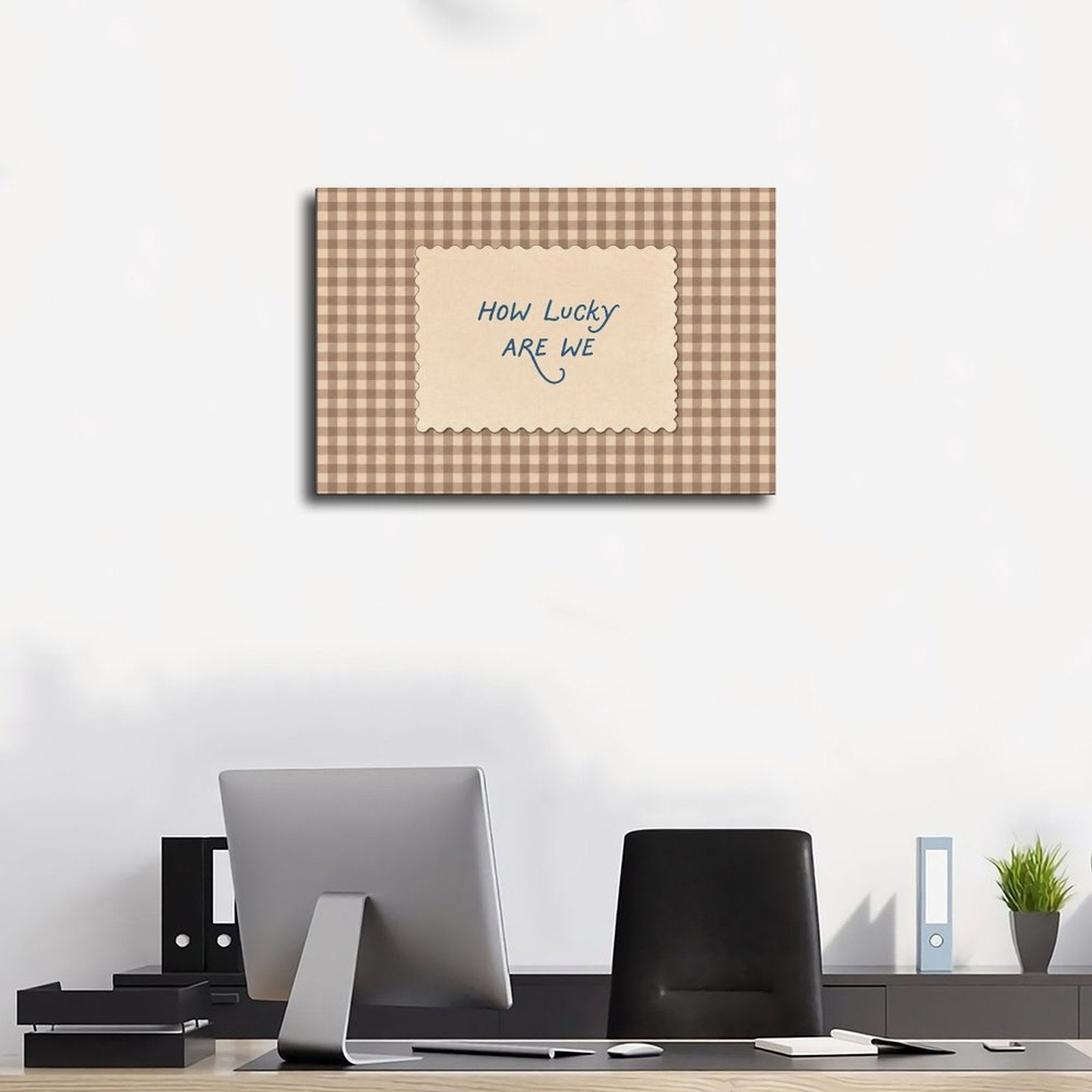 blue handwritten gratitude quote on brown gingham in taupe, cream, blue tones — Wrapped Canvas SCENE_01