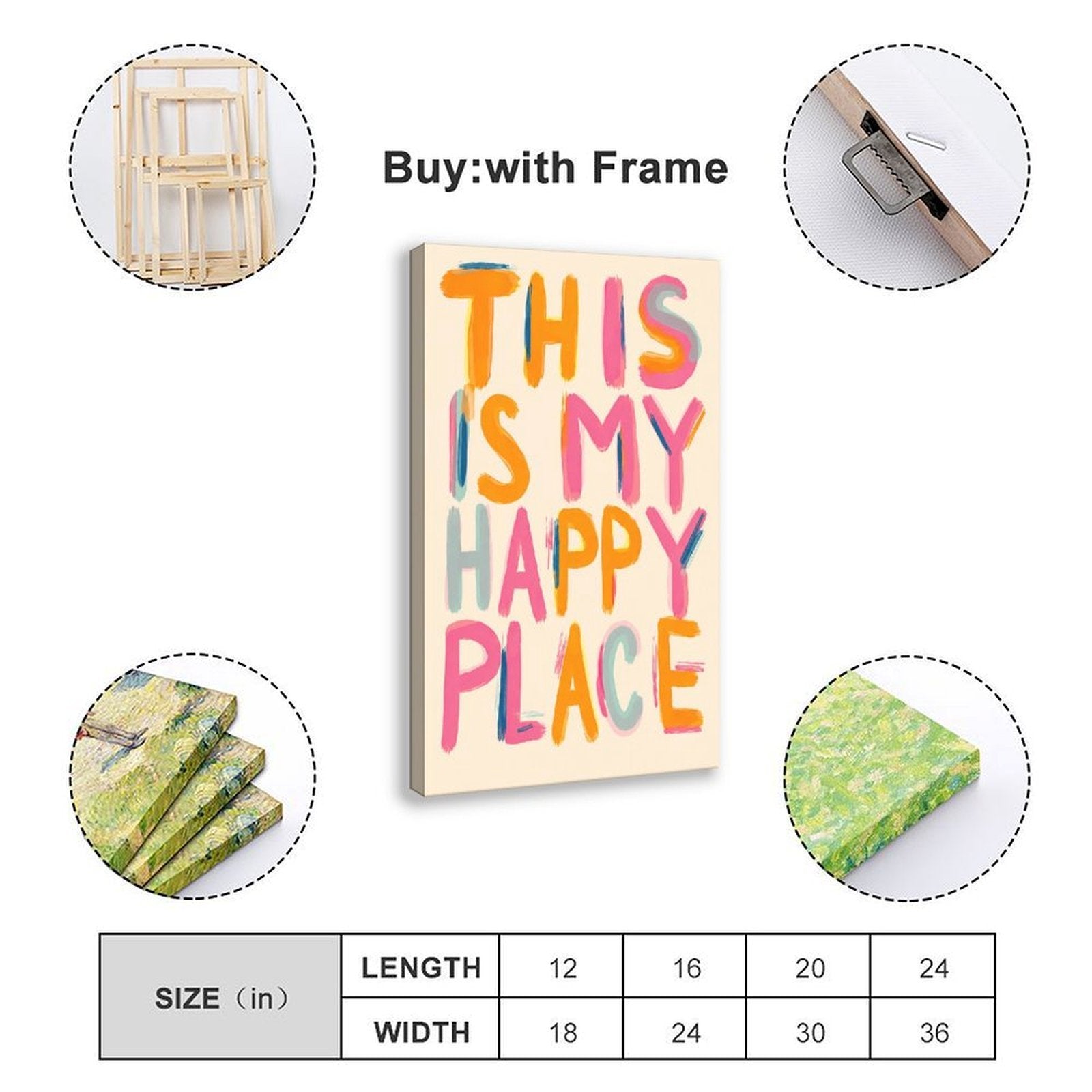 colorful hand-painted typography in orange, pink, aqua tones — Wrapped Canvas SIZE_GUIDE