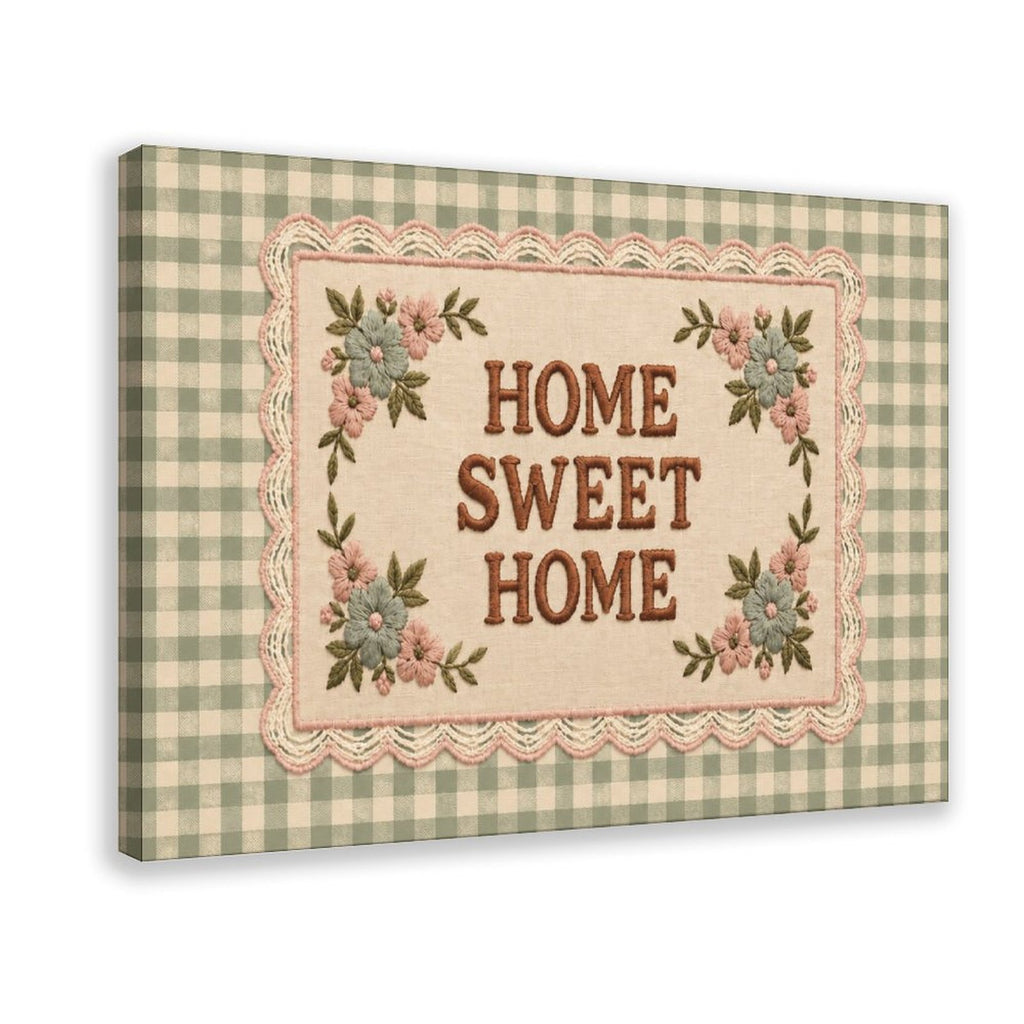 floral sampler typography on green gingham in sage green, cream, dusty pink tones — Wrapped Canvas HERO