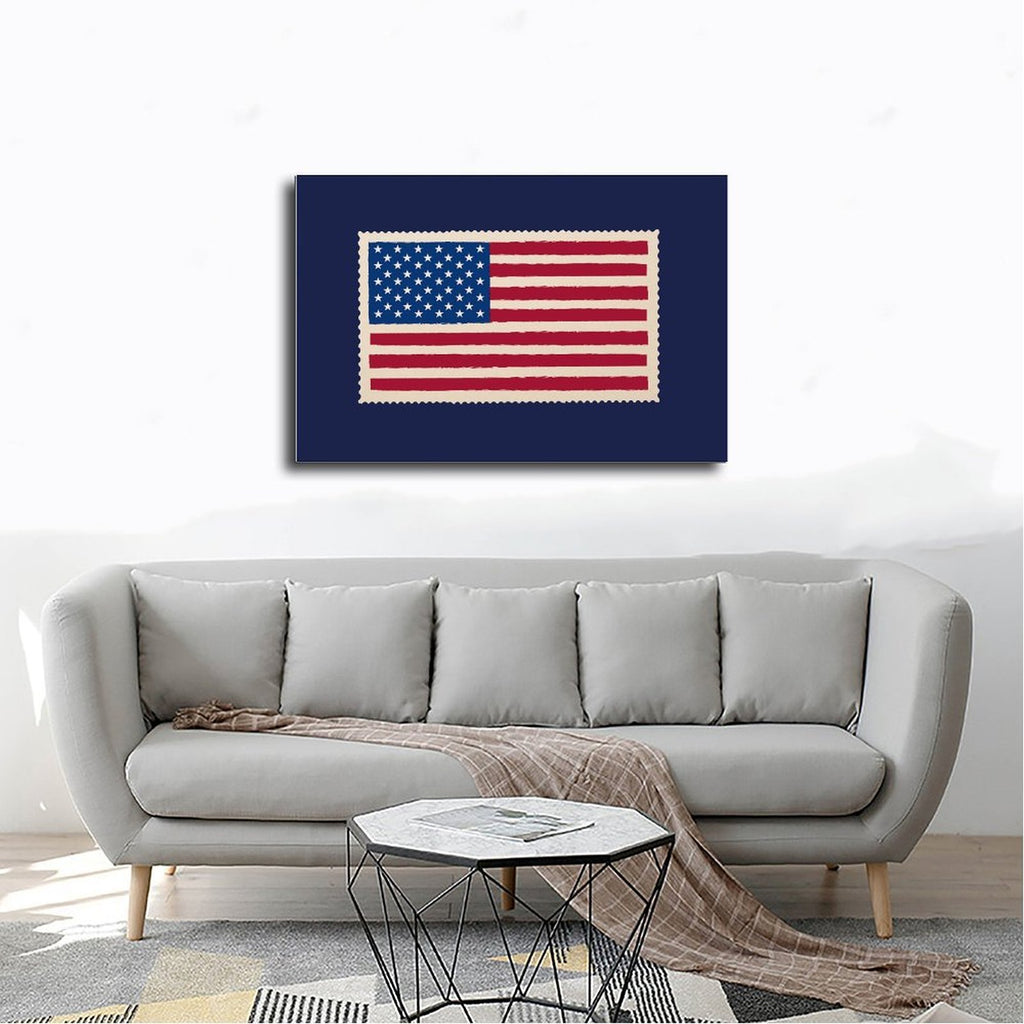 American flag motif on a navy blue field in graphic poster art style — Wrapped Canvas SCENE_02