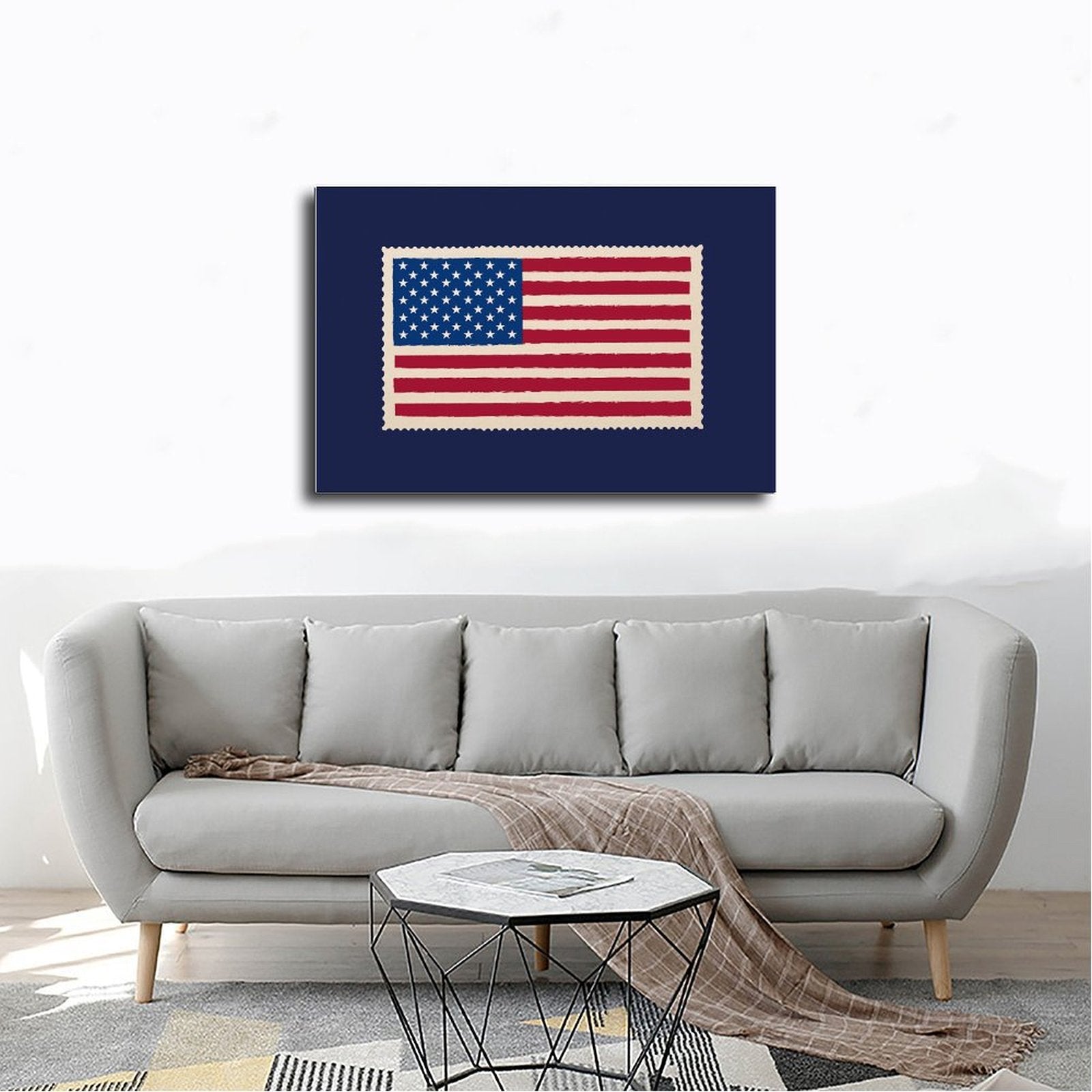 American flag motif on a navy blue field in graphic poster art style — Wrapped Canvas SCENE_02