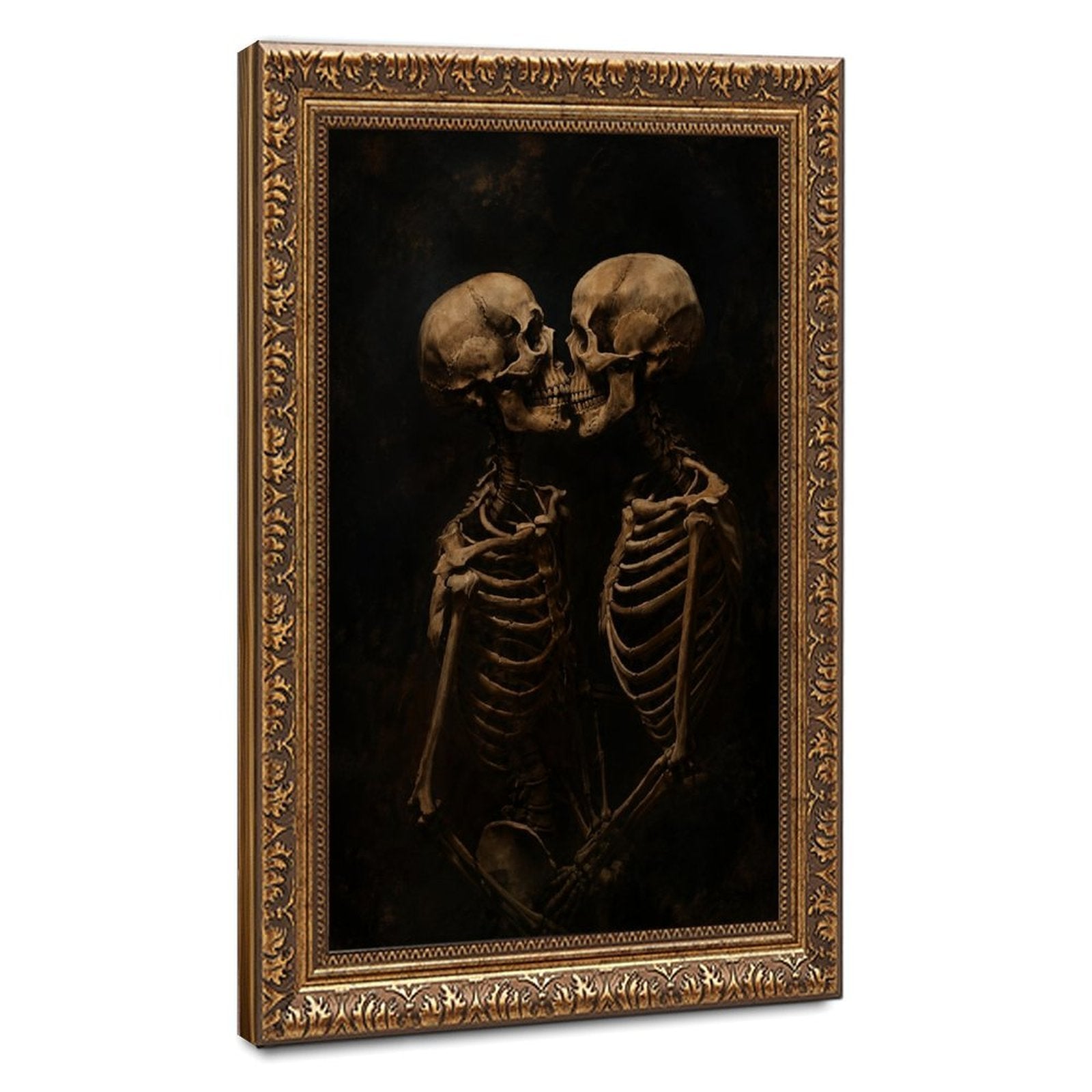 two skeletons leaning together in a kiss in black, bone beige, deep brown tones — Vintage Gold Frame HERO