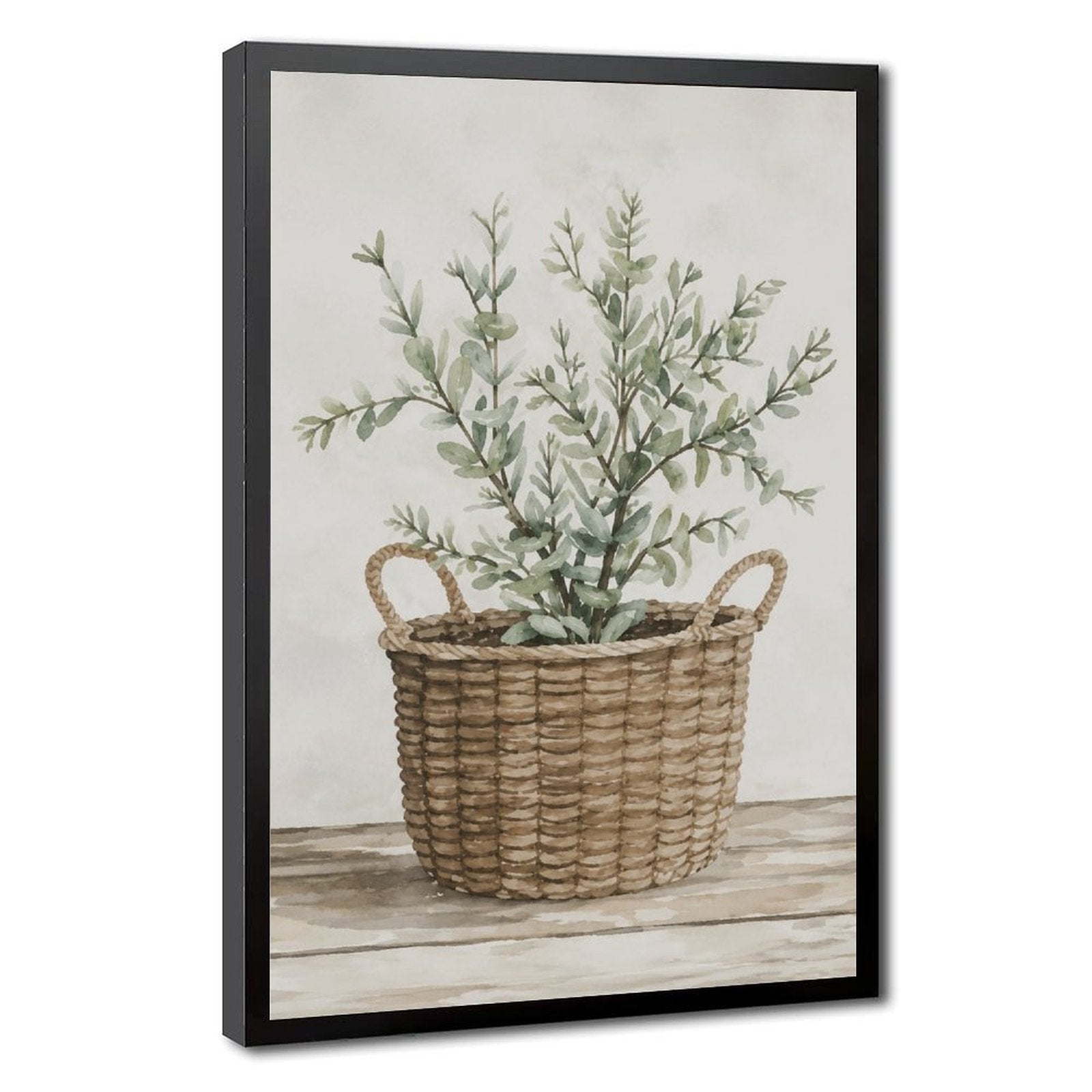 woven basket with silvery green leafy branches in sage green, warm beige, cream tones — Black Frame HERO