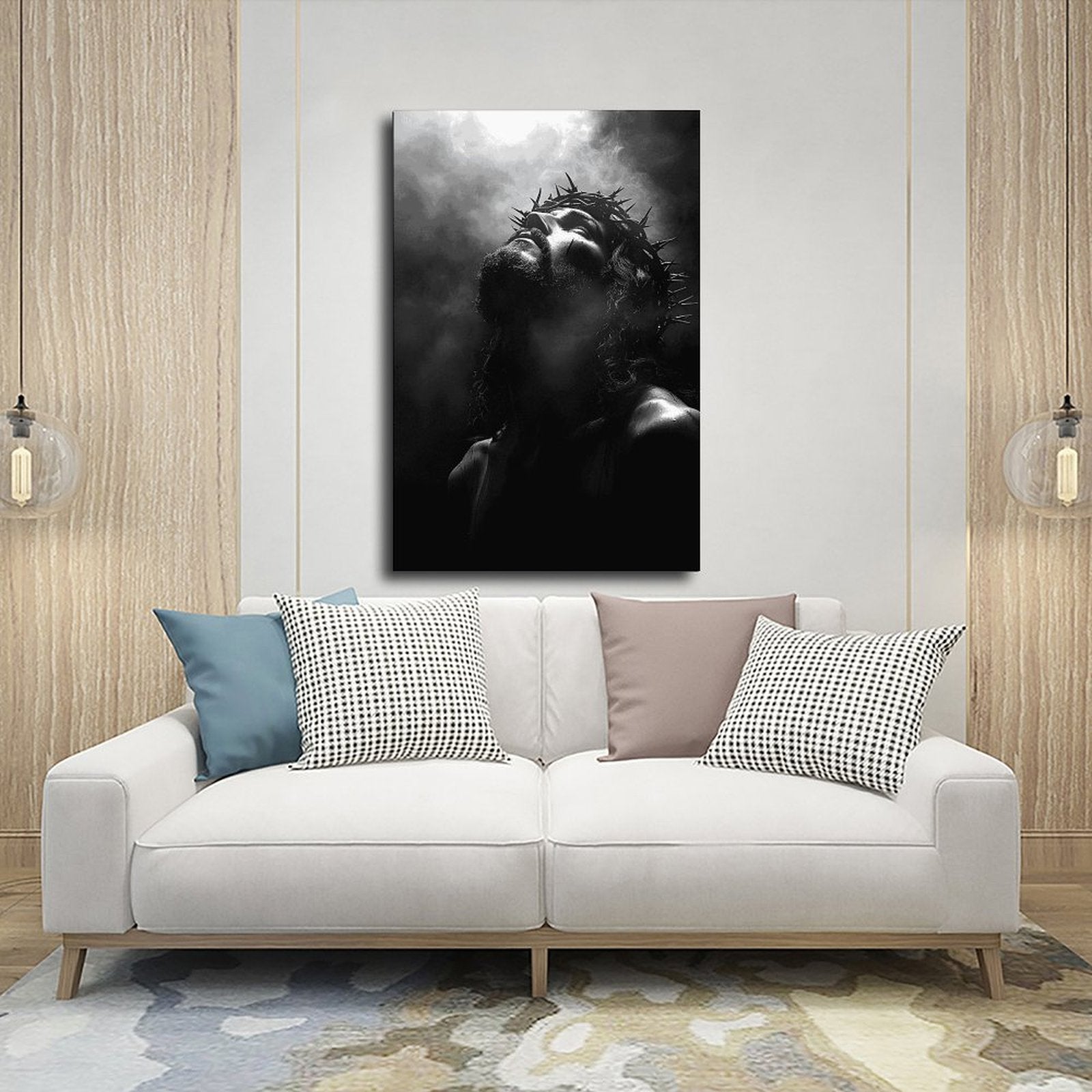 solemn man wearing a crown of thorns in prayer in religious portrait art style — Wrapped Canvas SCENE_03