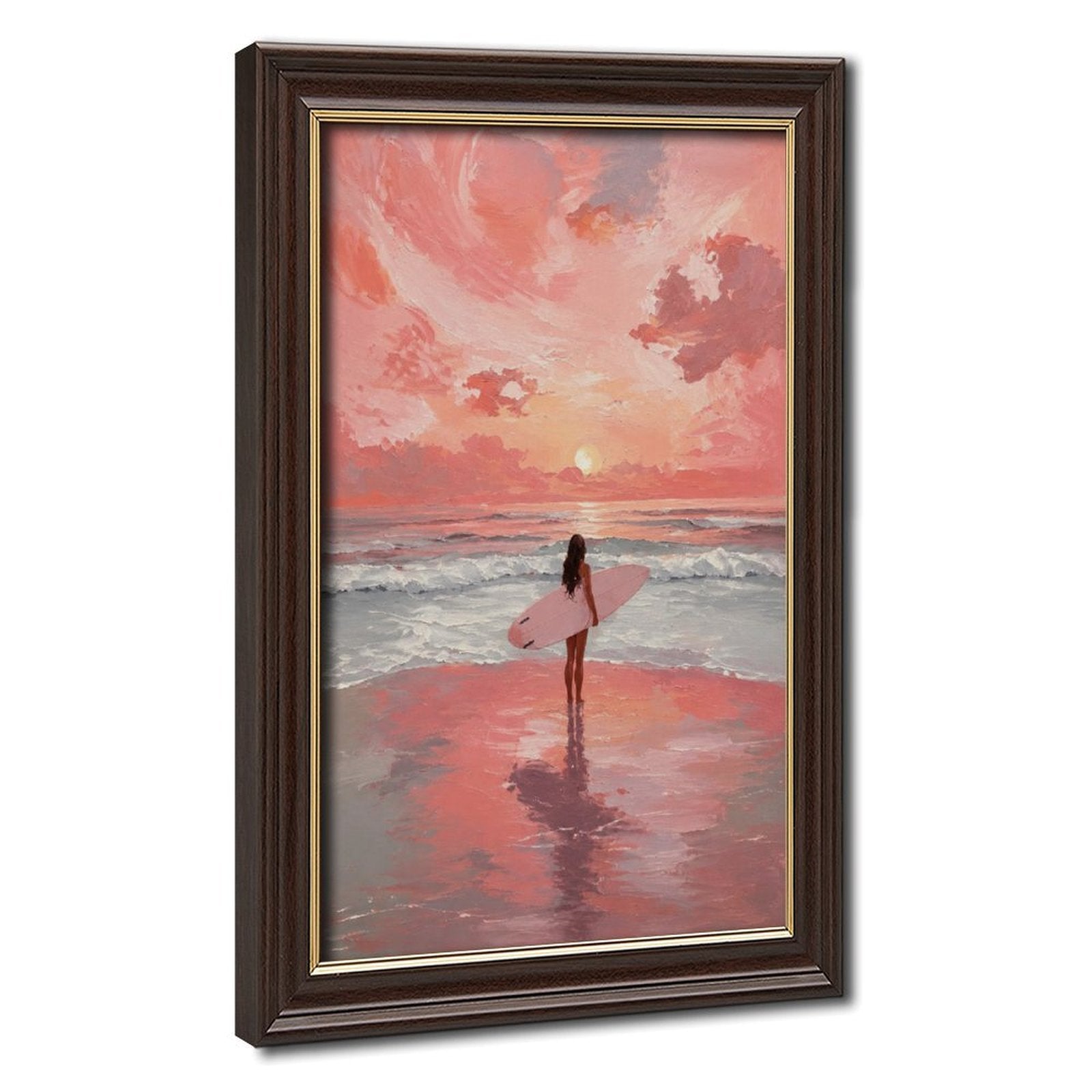 surfer carrying a pink surfboard at the shoreline in coral pink, peach, sky blue tones — Wood Grain Gold Frame HERO