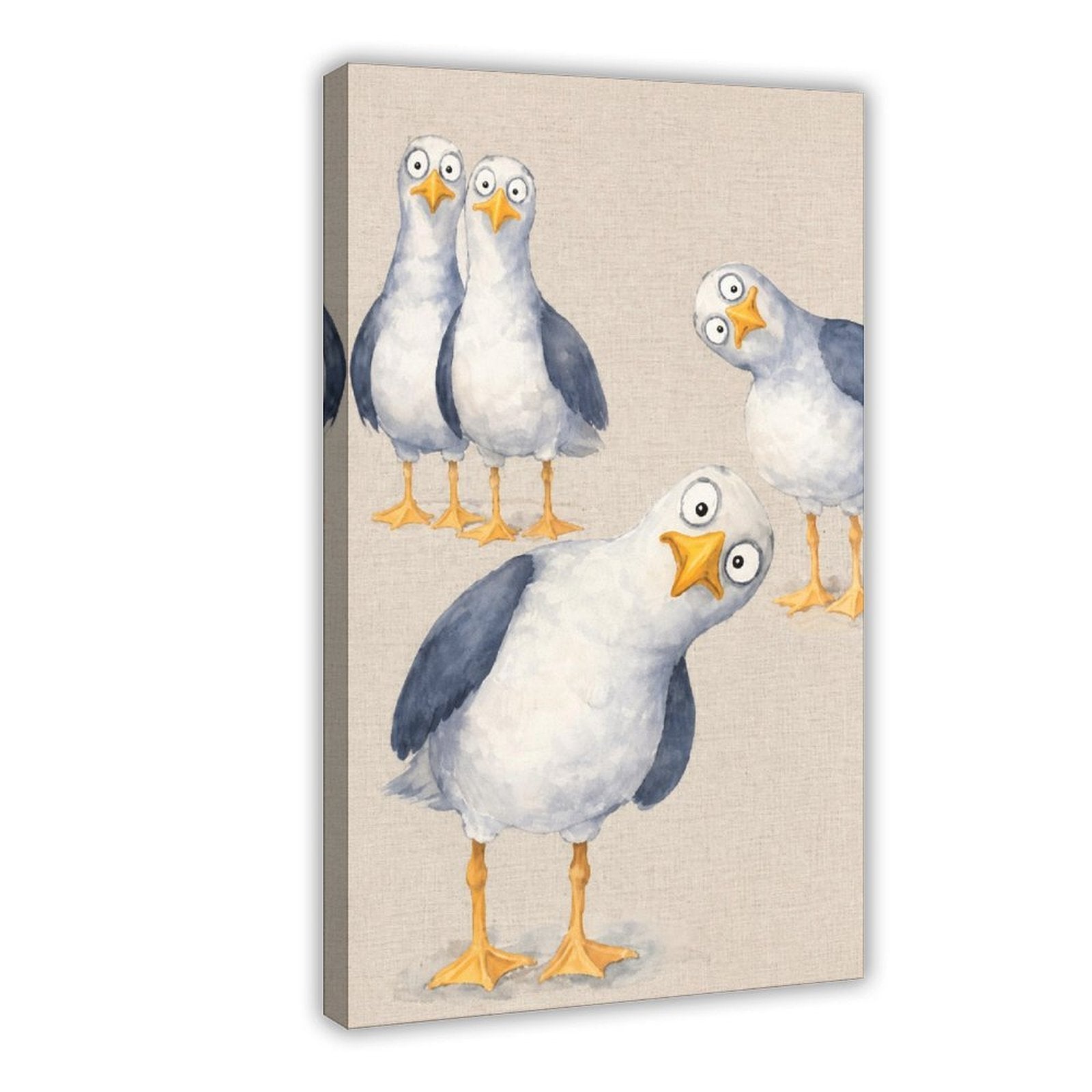 group of quirky seagulls with expressive poses in white, slate blue, yellow tones — Wrapped Canvas HERO