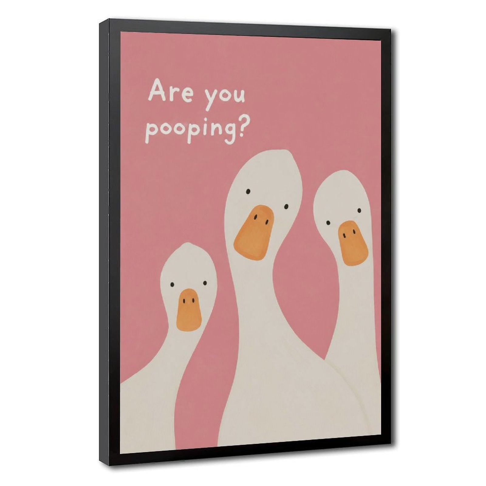 three white ducks beneath bathroom humor typography in pink, white, orange tones — Black Frame HERO