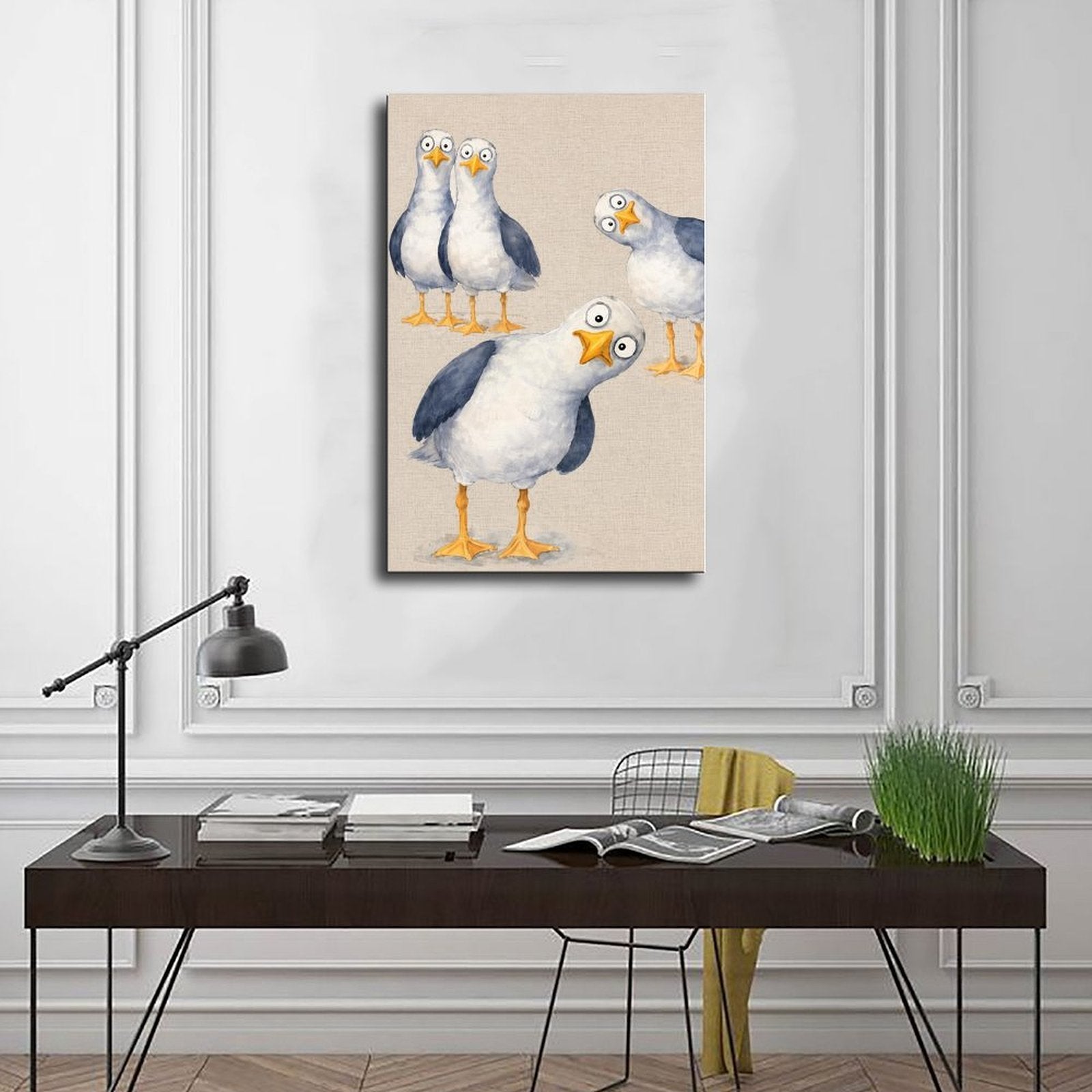 group of quirky seagulls with expressive poses in white, slate blue, yellow tones — Wrapped Canvas SCENE_01