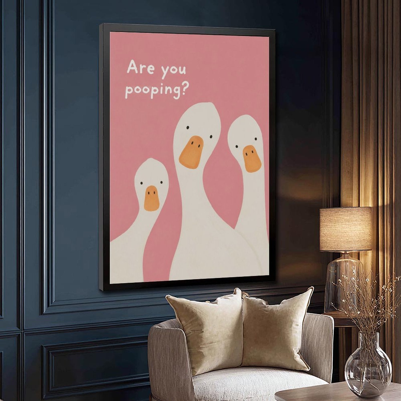 three white ducks beneath bathroom humor typography in pink, white, orange tones — Black Frame SIDE_DETAIL