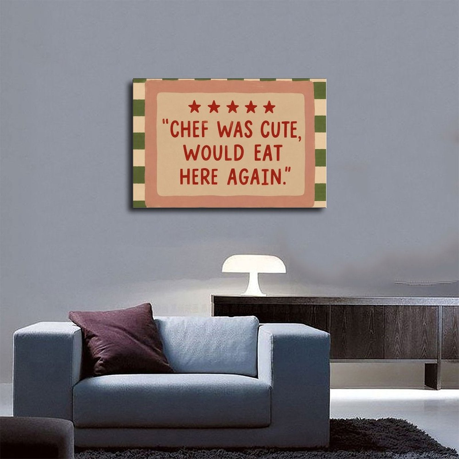five-star restaurant-style humorous quote in pink, red, green tones — Wrapped Canvas SCENE_03