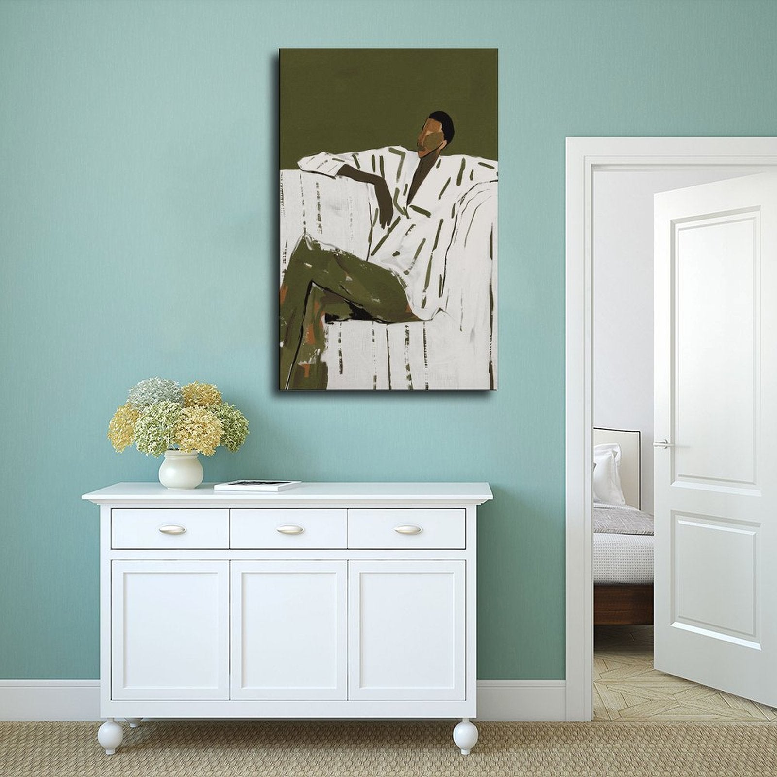 seated man in a white shirt and olive trousers in minimalist figurative art style — Wrapped Canvas SCENE_02