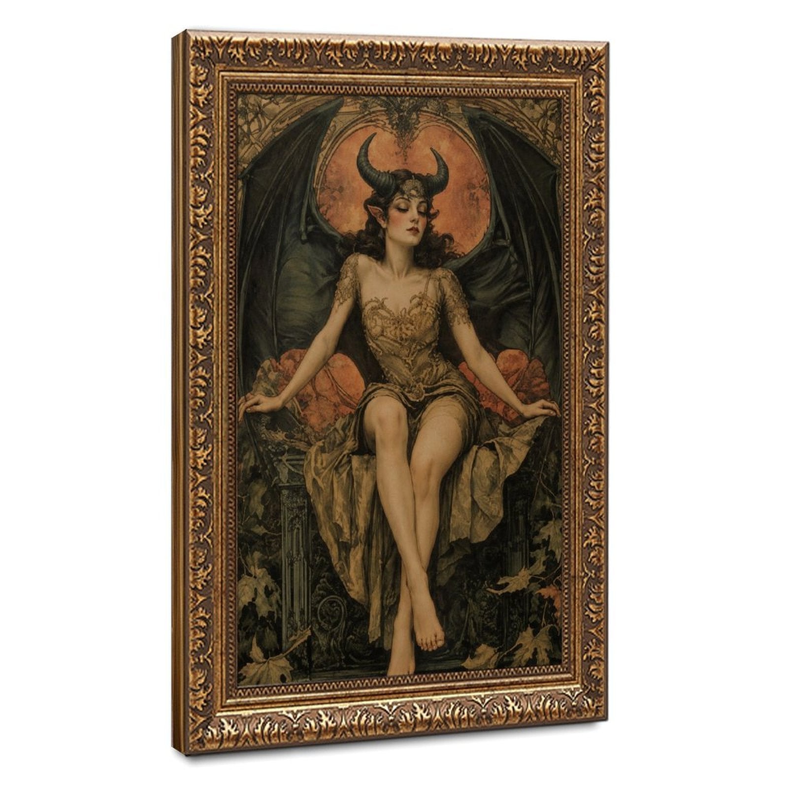 horned winged woman seated before a glowing moon in brown, black, burnt orange tones — Vintage Gold Frame HERO
