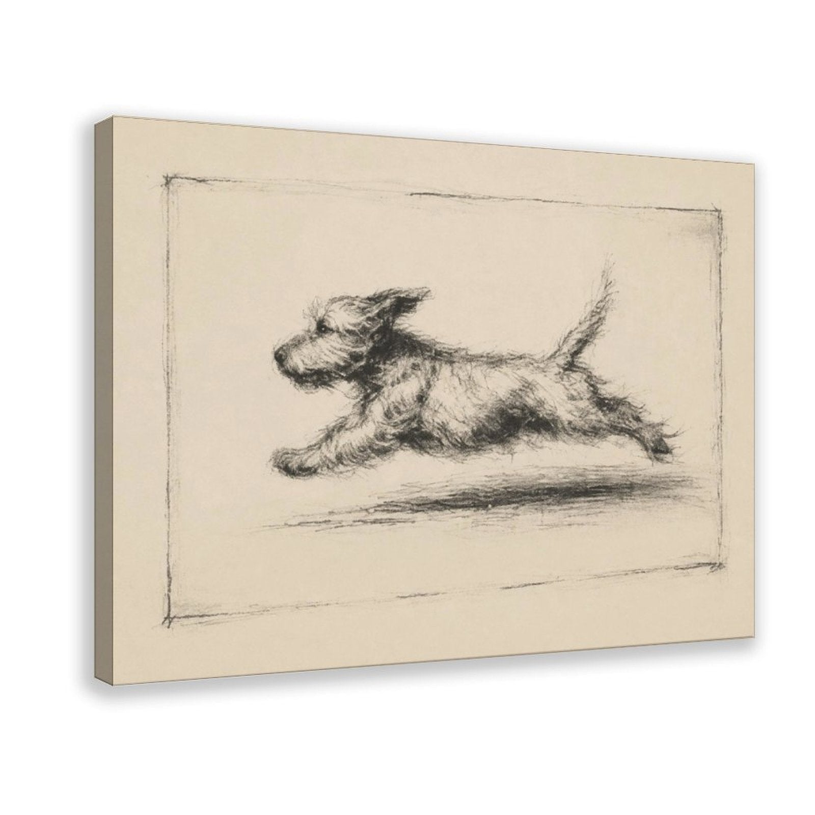 Charcoal sketch of a shaggy dog running across a warm cream background — Wrapped Canvas HERO