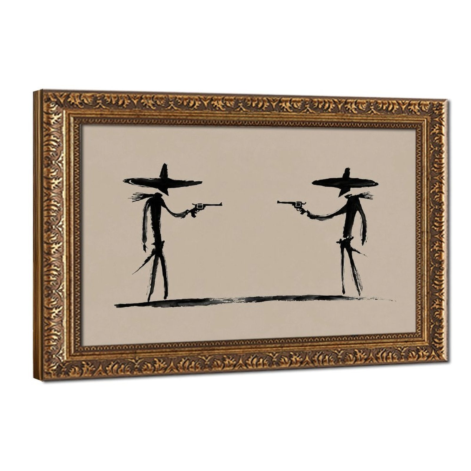 two stylized cowboys facing each other with revolvers in black, warm cream tones — Vintage Gold Frame HERO