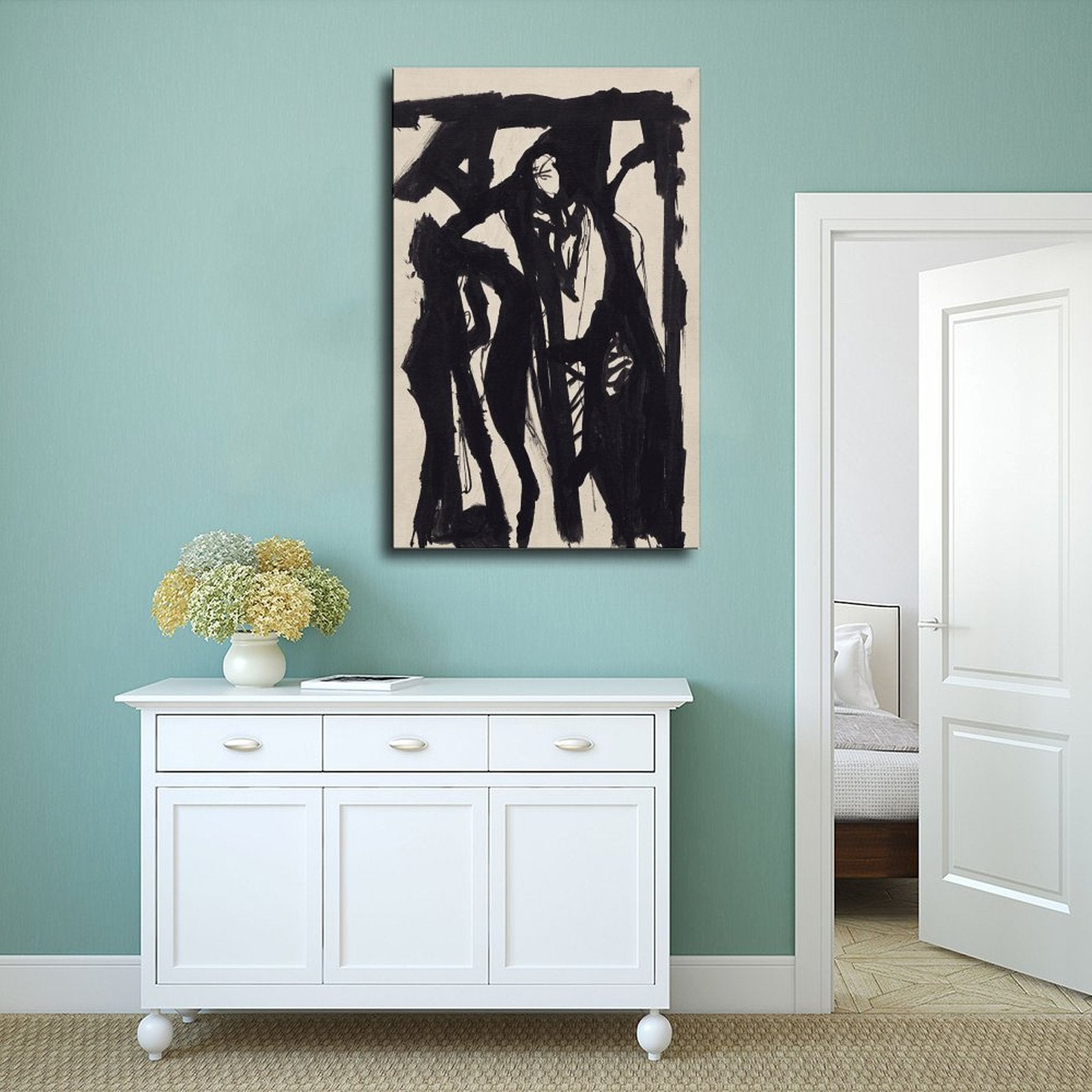 expressive black gestural human figures in gestural abstraction style — Wrapped Canvas SCENE_02