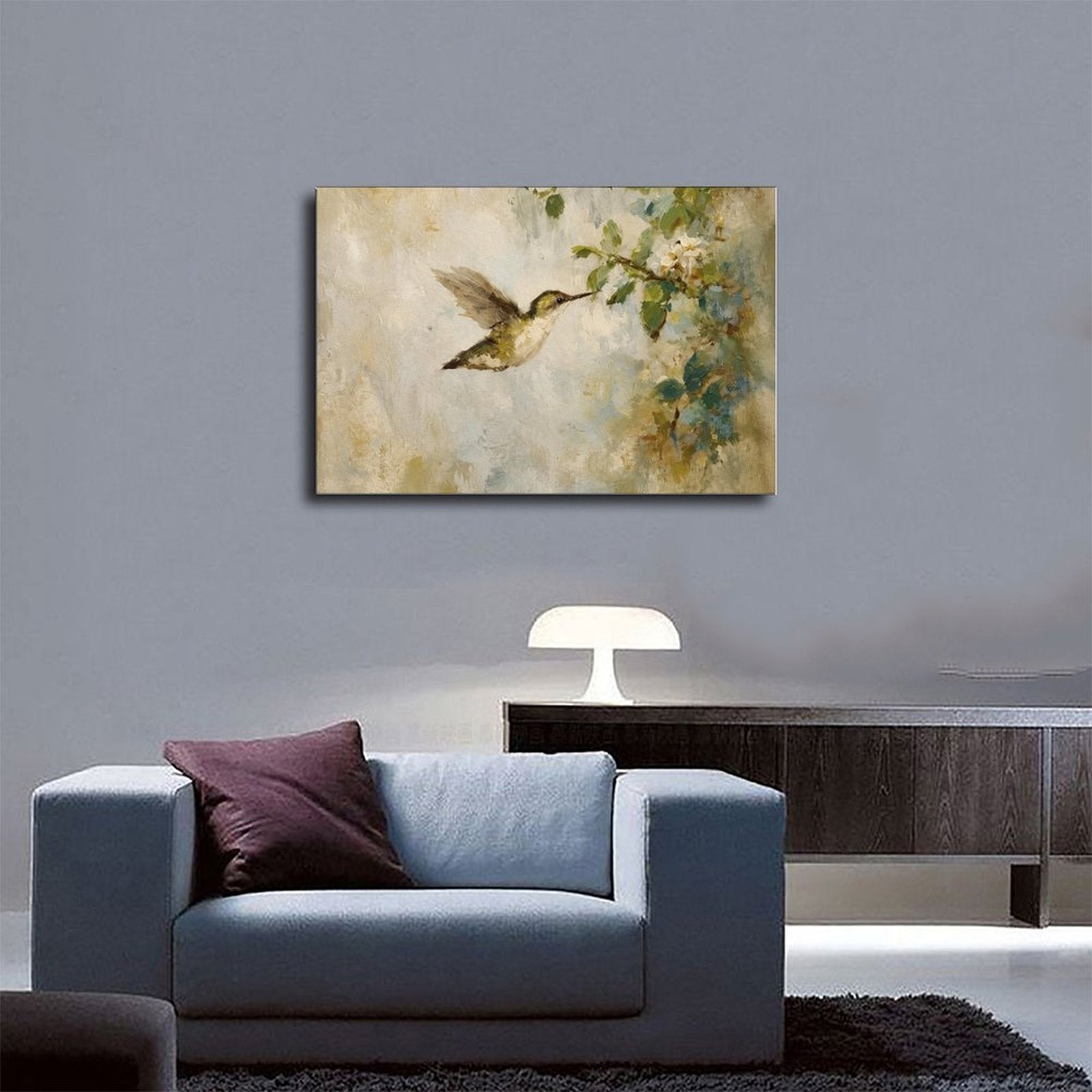 hummingbird hovering beside pale blossoms in cream, sage green, soft blue tones — Wrapped Canvas SCENE_03