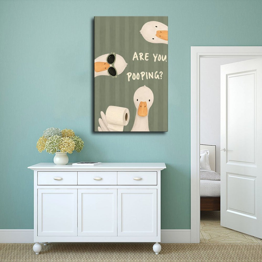 three white ducks surrounding bathroom humor typography in sage green, white, orange tones — Wrapped Canvas SCENE_02