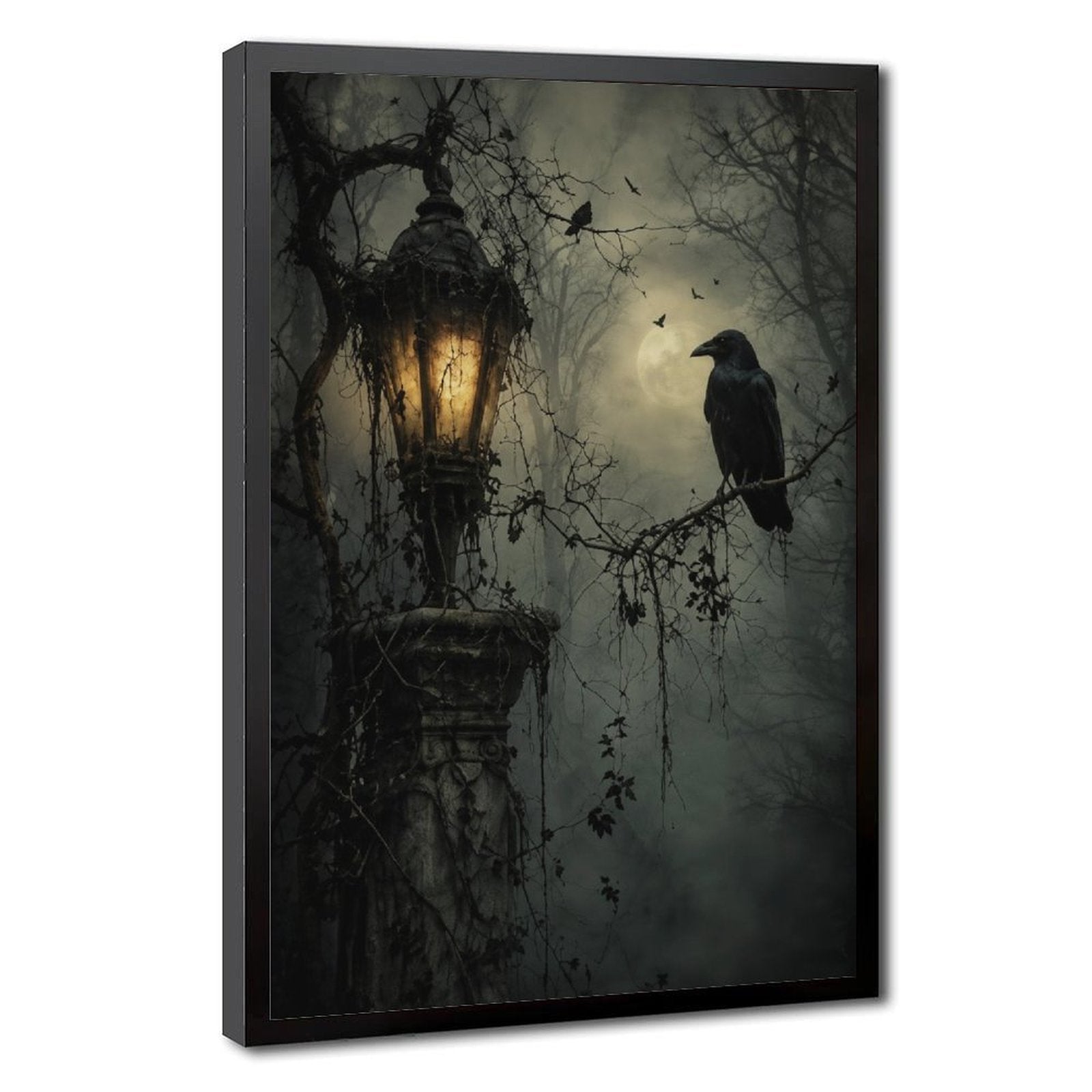 raven perched beside a glowing antique lantern in charcoal, black, amber tones — Black Frame HERO