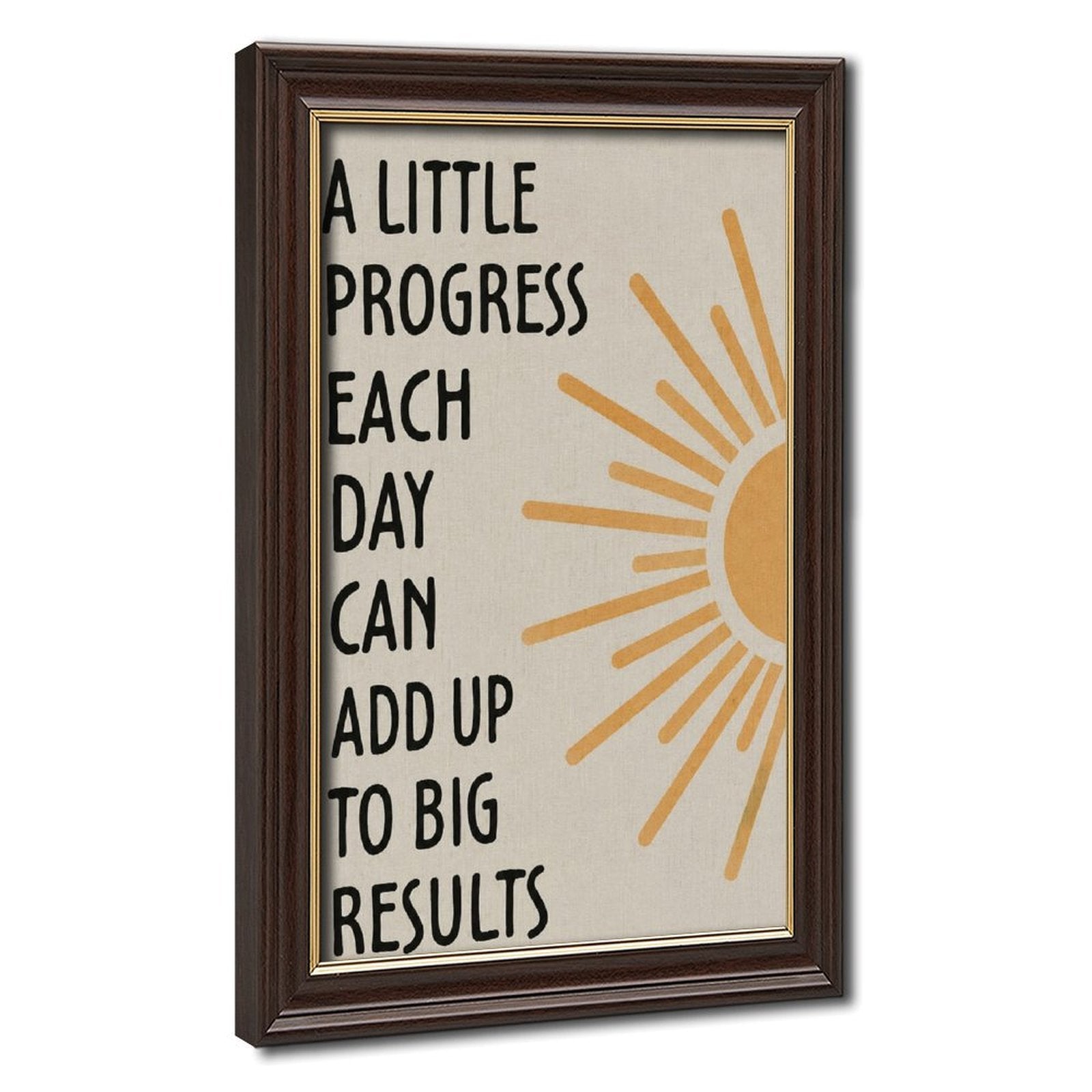 motivational typography with a sunburst motif in black, mustard yellow, cream tones — Wood Grain Gold Frame HERO
