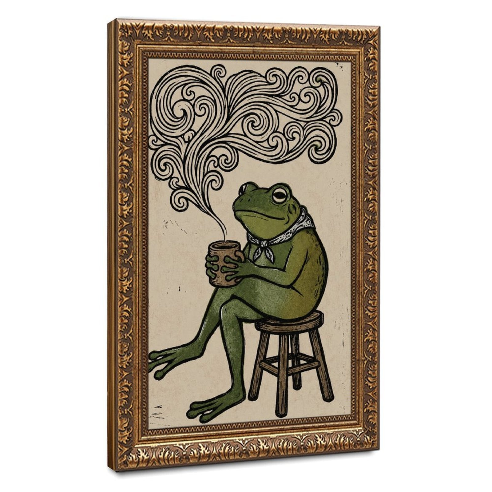 frog seated on a stool holding a steaming cup in forest green, black, cream tones — Vintage Gold Frame HERO