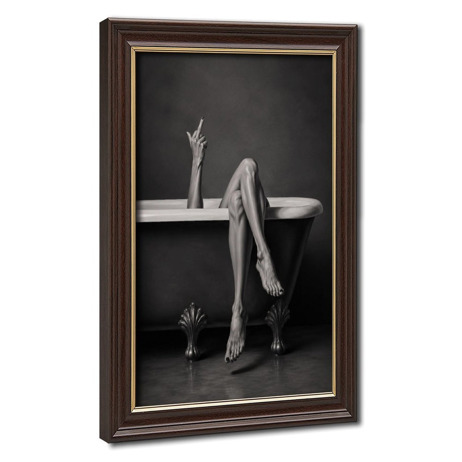 Black-and-white artwork of a clawfoot bathtub with crossed legs and a raised defiant hand gesture — Wood Grain Gold Frame HERO