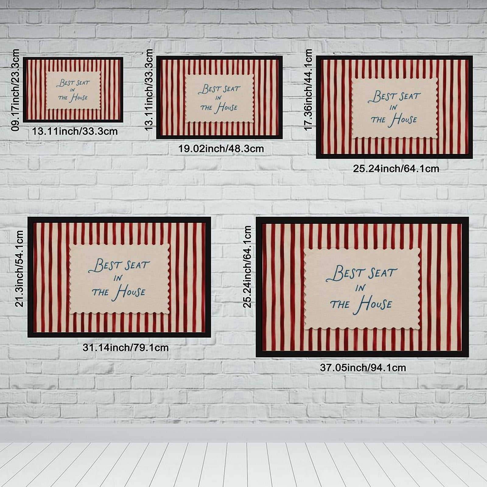 blue handwritten phrase on red striped background in red, cream, blue tones — Black Frame SIZE_GUIDE