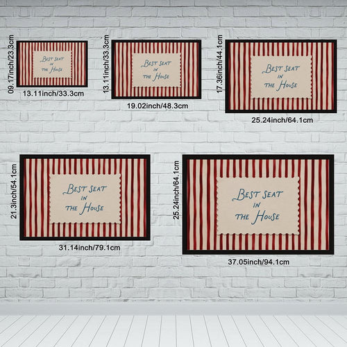 blue handwritten phrase on red striped background in red, cream, blue tones — Black Frame SIZE_GUIDE