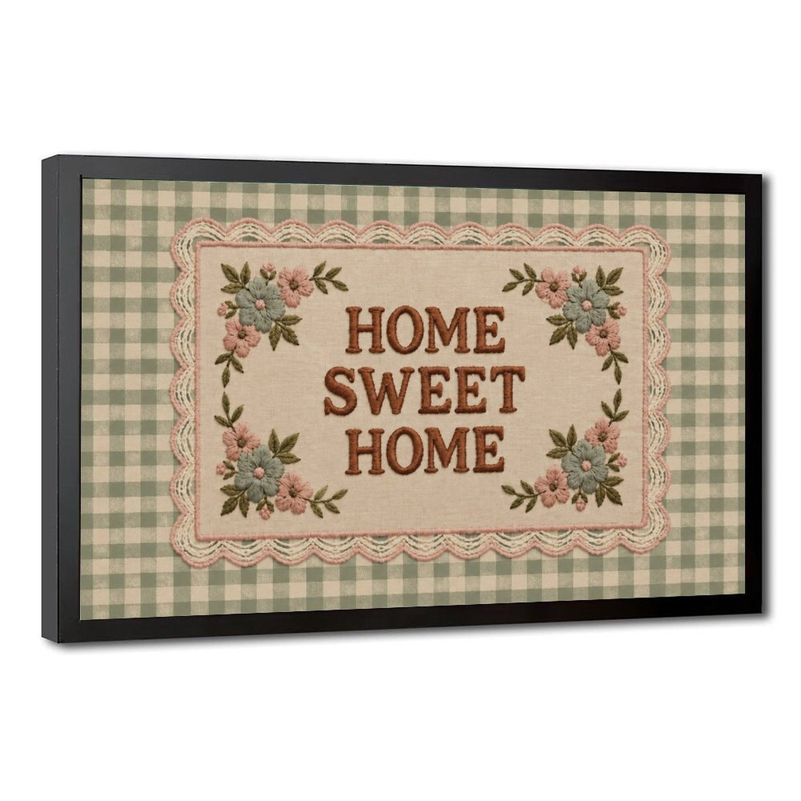floral sampler typography on green gingham in sage green, cream, dusty pink tones — Black Frame HERO
