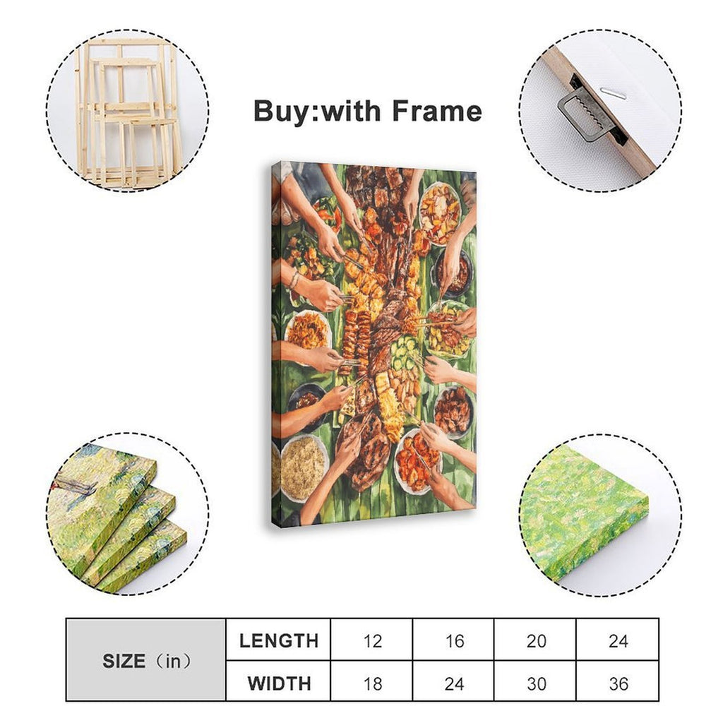 overhead table filled with a colorful shared meal in contemporary food illustration style — Wrapped Canvas SIZE_GUIDE